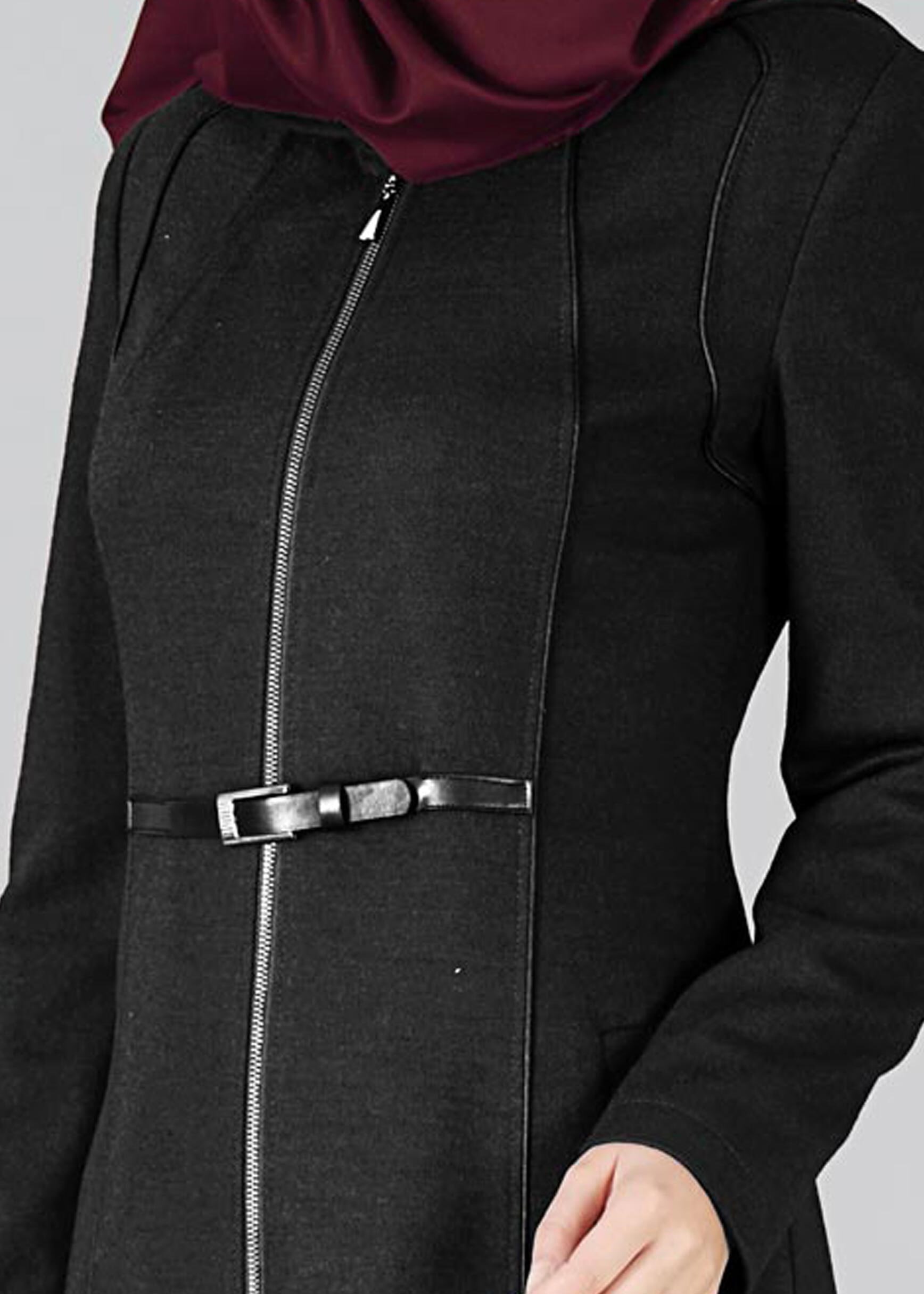 Tesettür giyim SİYAH FERMUARLI KAPÜŞONLU KABAN 9450 