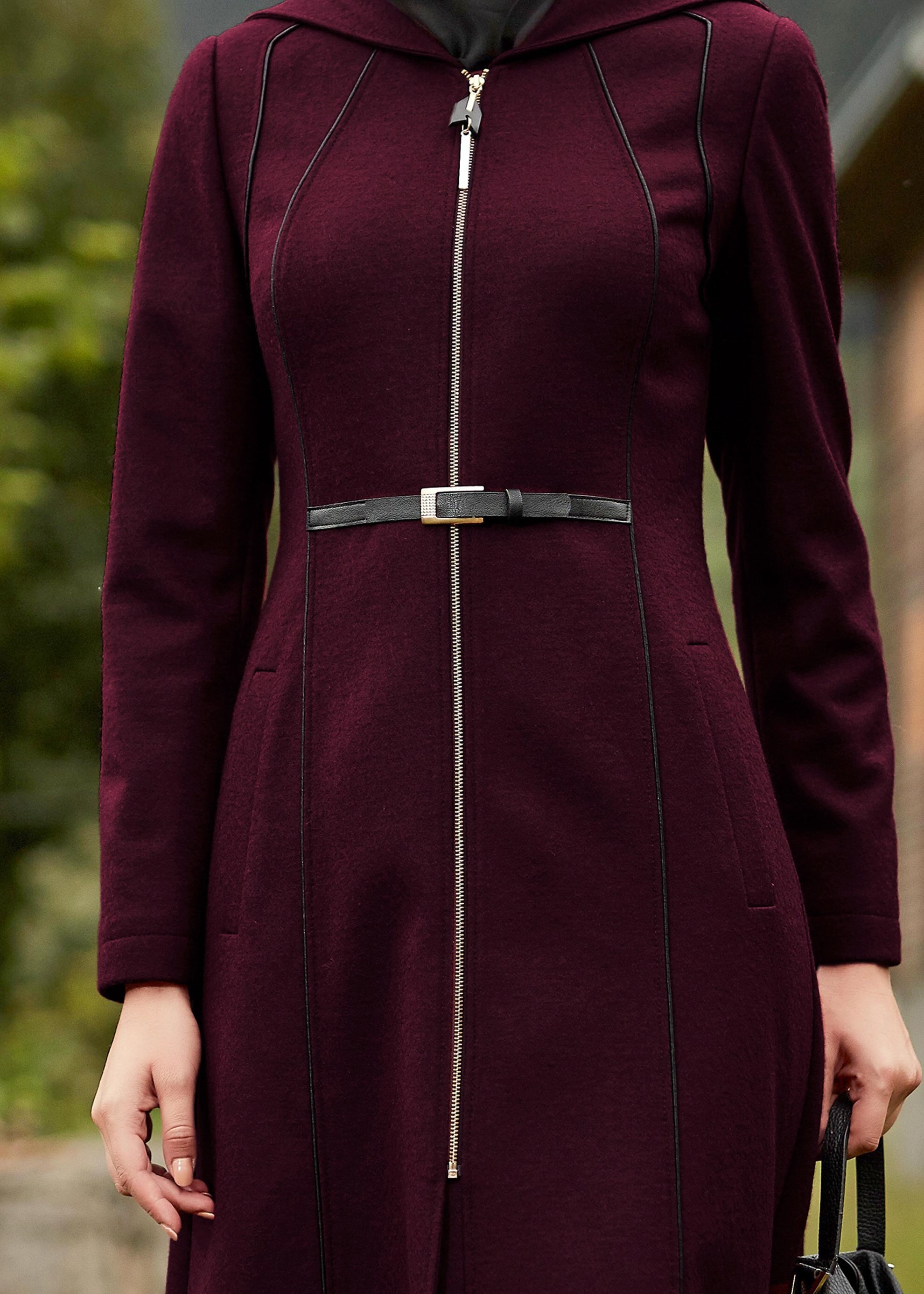 Tesettür giyim MÜRDÜM FERMUARLI KAPÜŞONLU KABAN 9450 