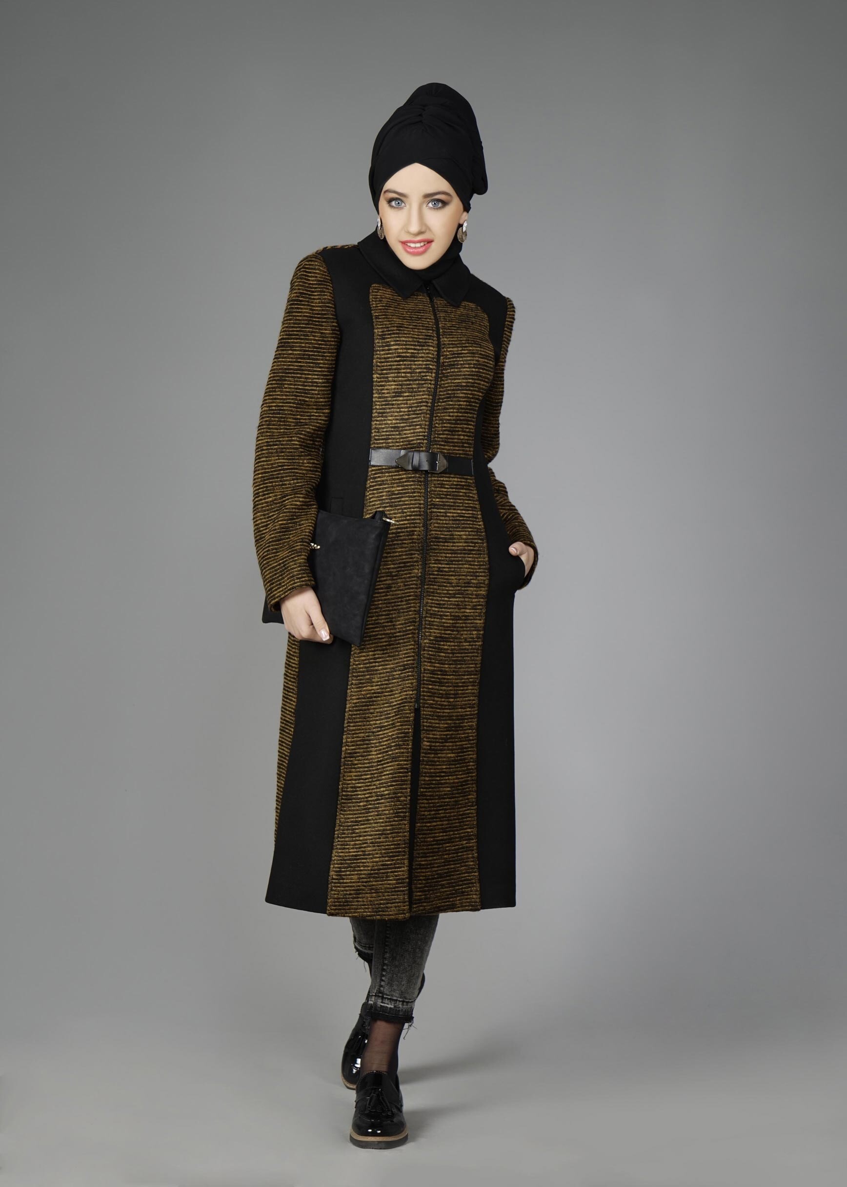 Tesettür giyim KAHVE FERMUARLI KEMERLİ KABAN 9451 