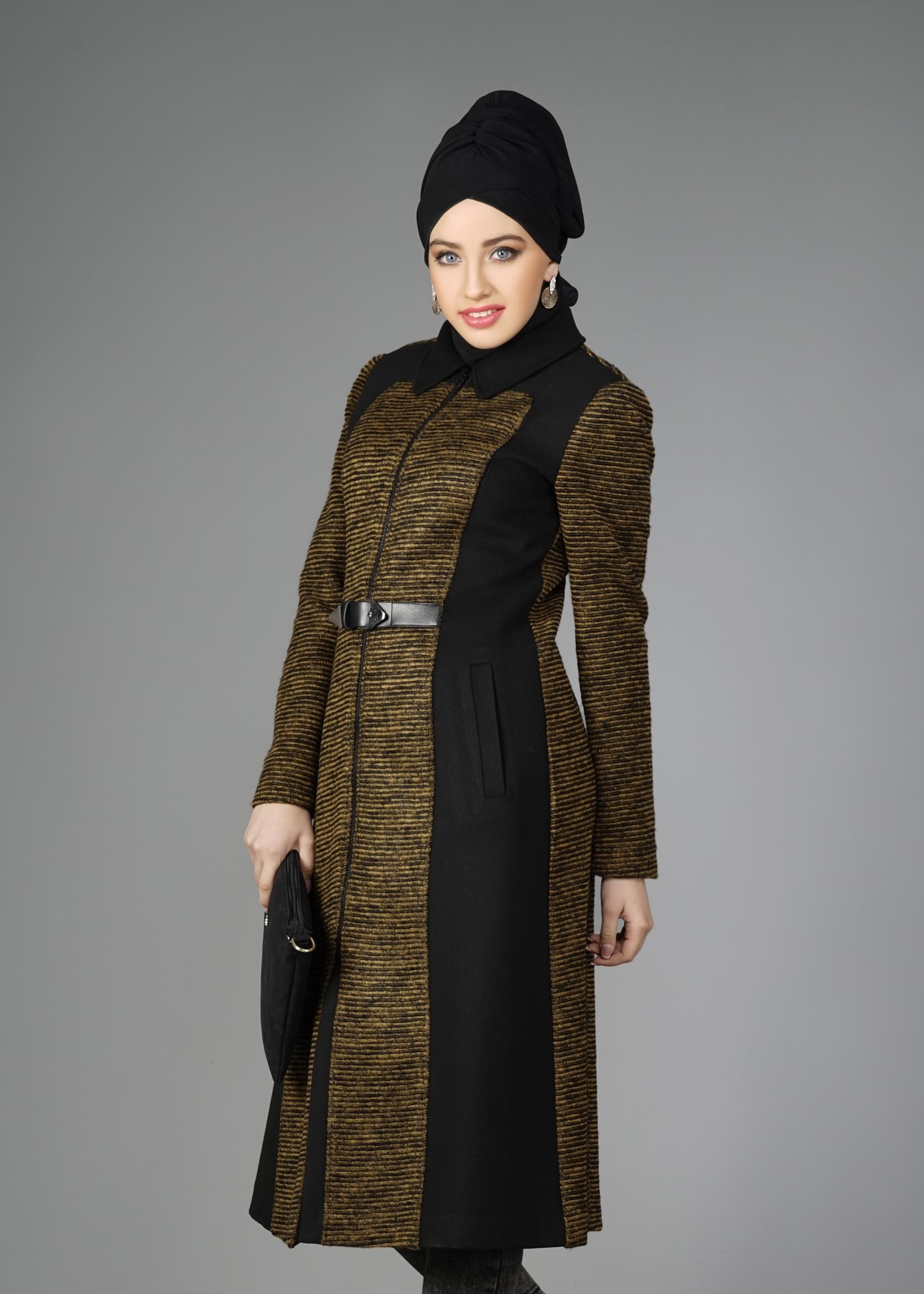 Tesettür giyim KAHVE FERMUARLI KEMERLİ KABAN 9451 