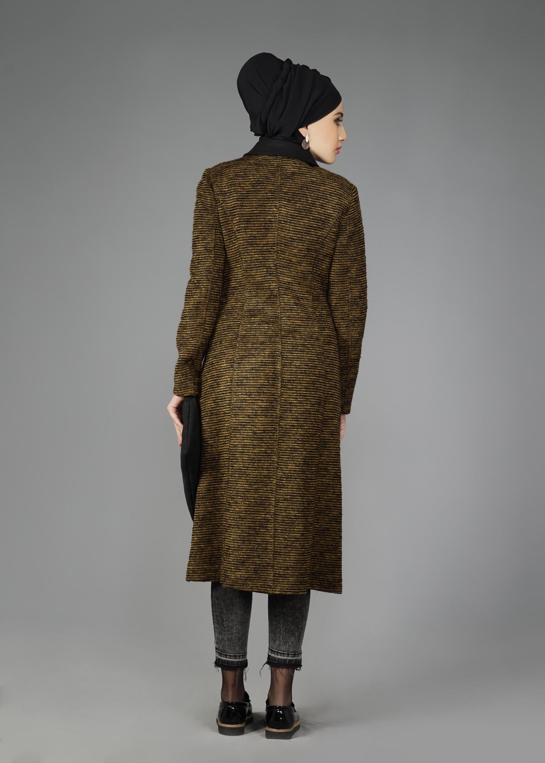 Tesettür giyim KAHVE FERMUARLI KEMERLİ KABAN 9451 