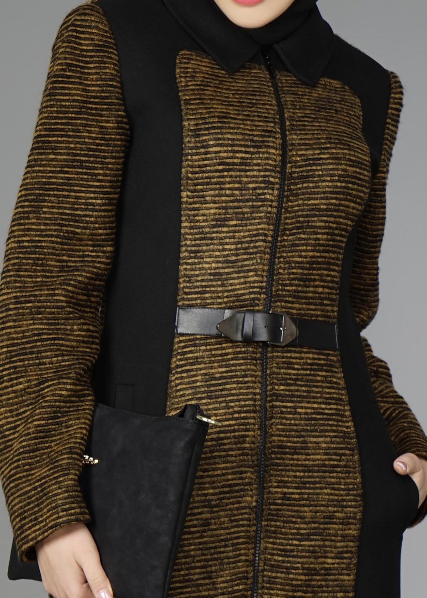 Tesettür giyim KAHVE FERMUARLI KEMERLİ KABAN 9451 