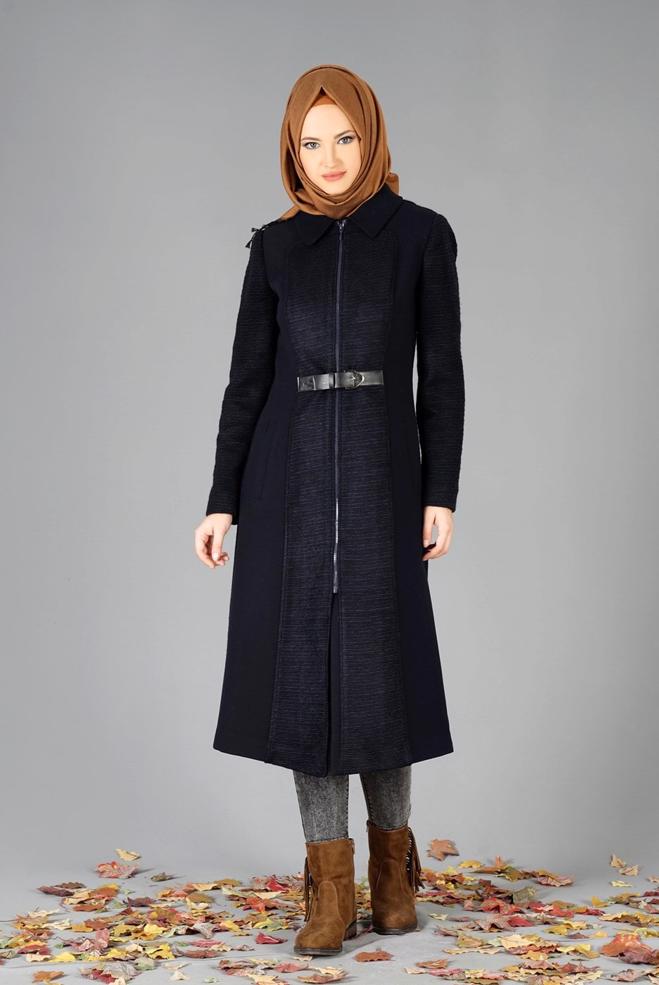 Tesettür giyim LACİVERT FERMUARLI KEMERLİ KABAN 9451  - ALVİNA