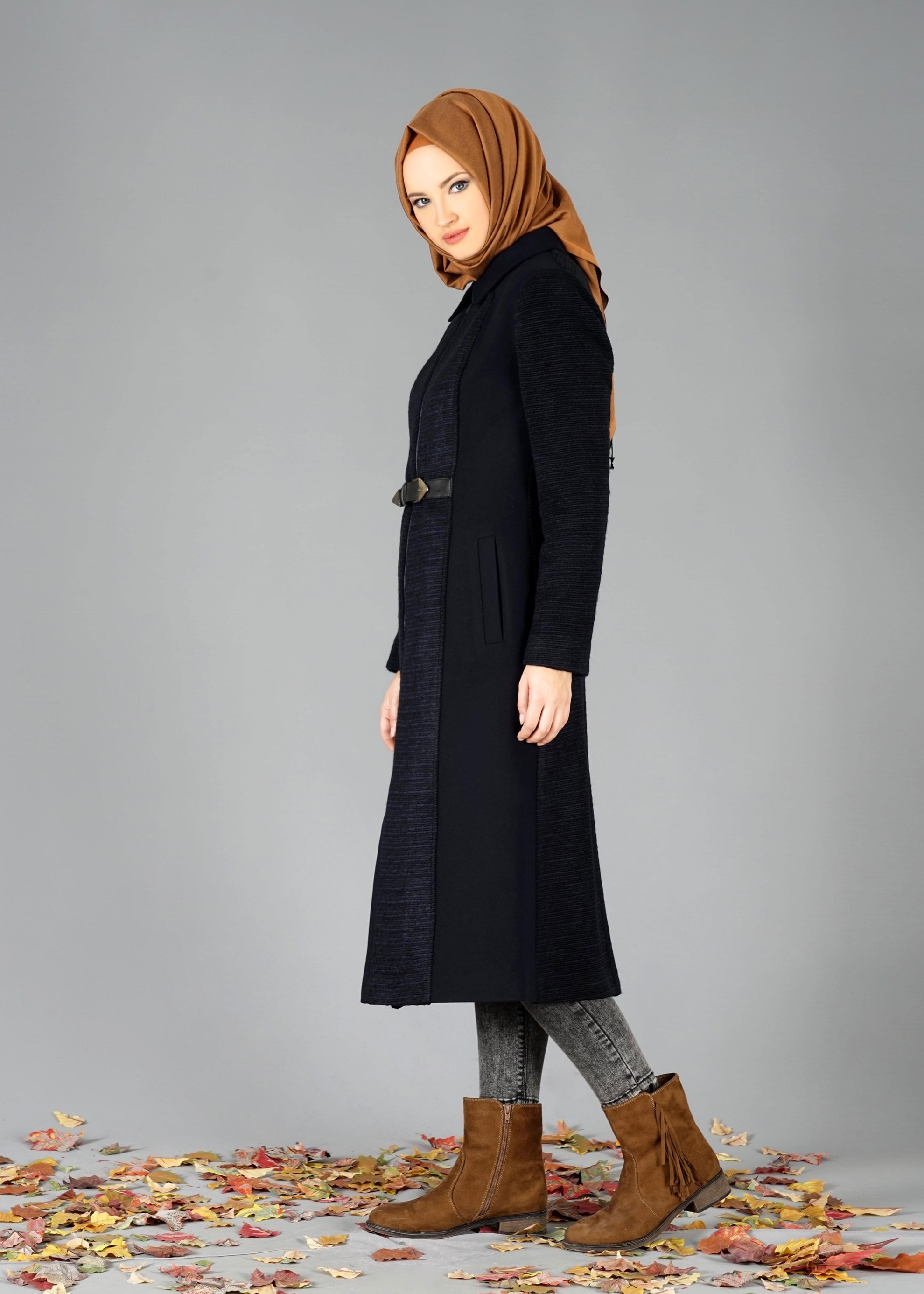 Tesettür giyim LACİVERT FERMUARLI KEMERLİ KABAN 9451 