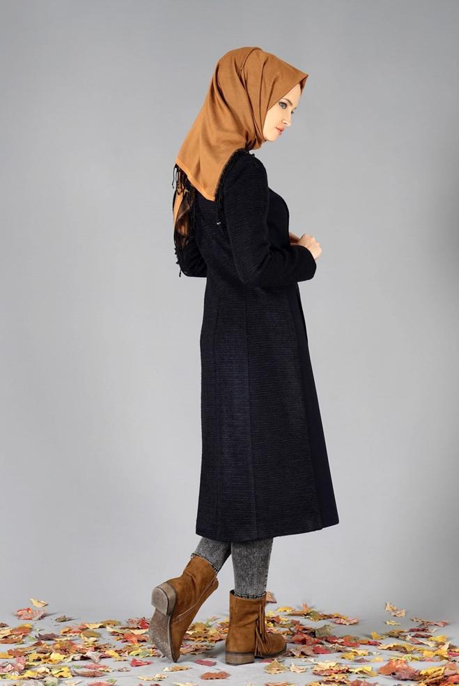 Tesettür giyim LACİVERT FERMUARLI KEMERLİ KABAN 9451  - ALVİNA