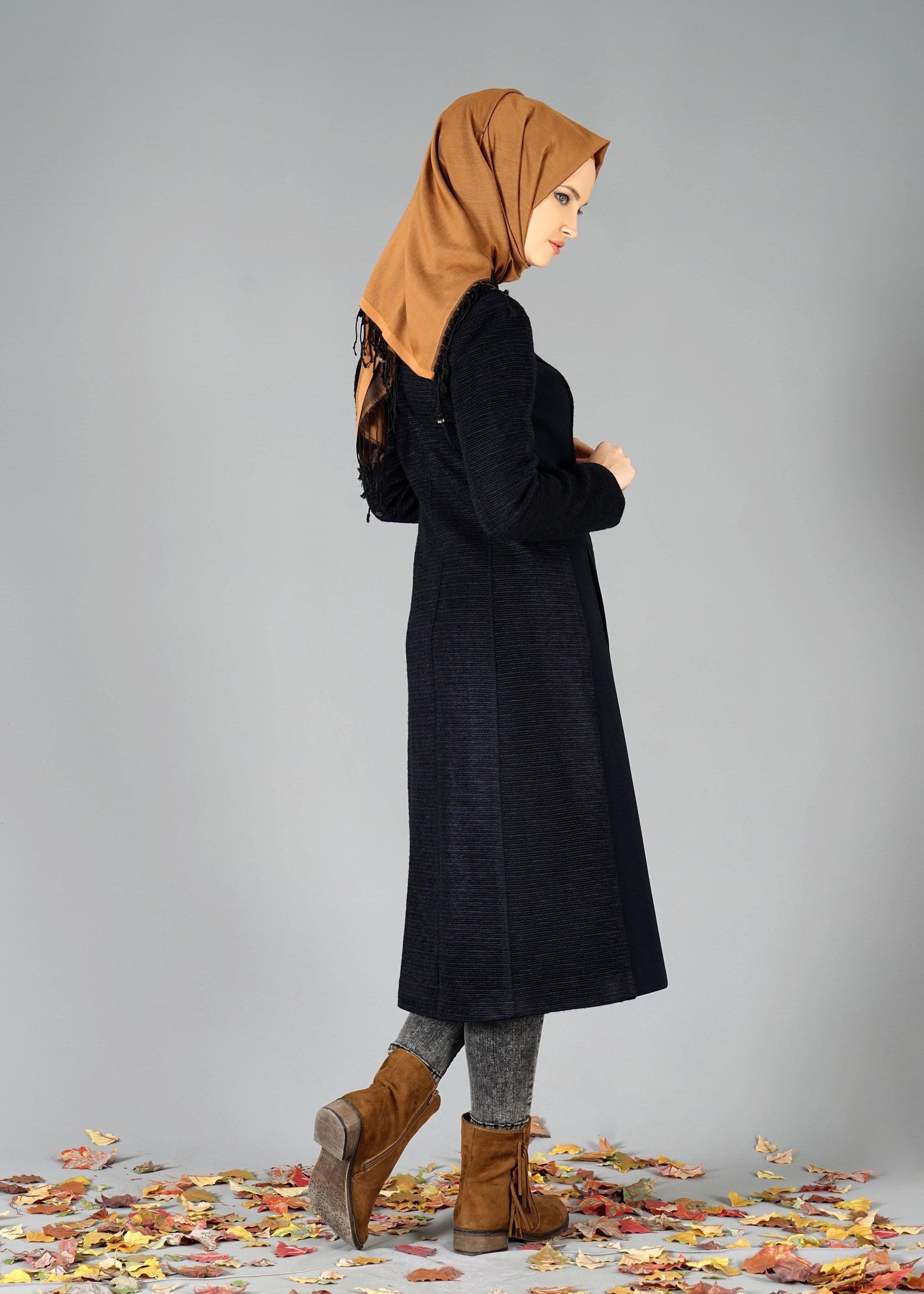 Tesettür giyim LACİVERT FERMUARLI KEMERLİ KABAN 9451 