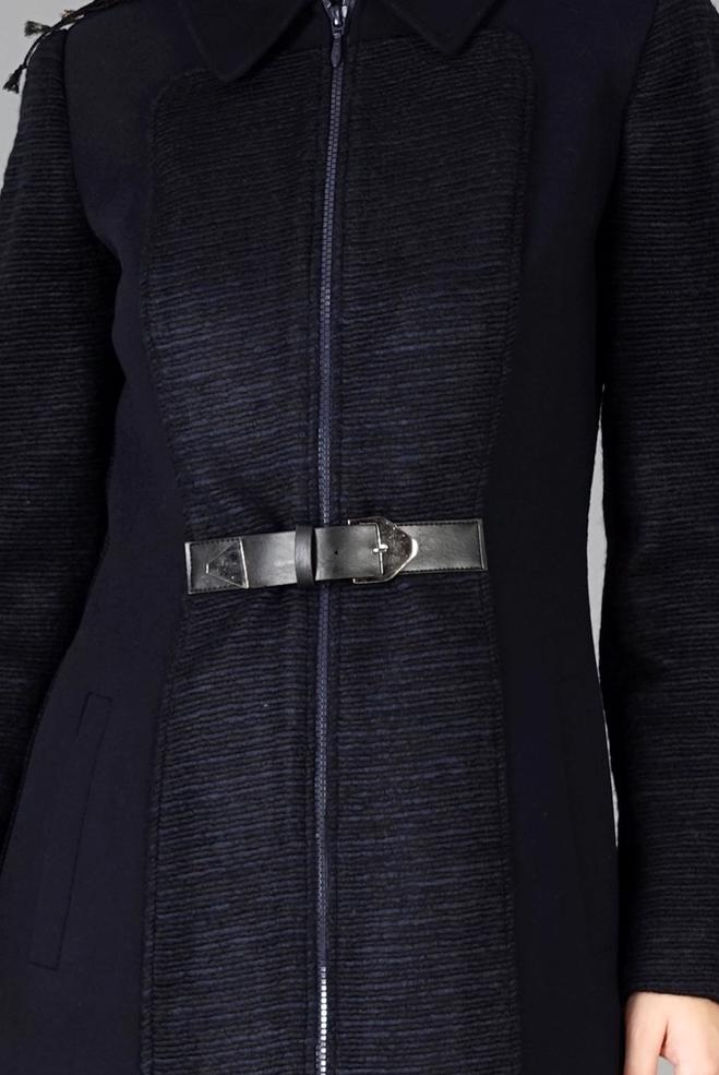 Tesettür giyim LACİVERT FERMUARLI KEMERLİ KABAN 9451  - ALVİNA