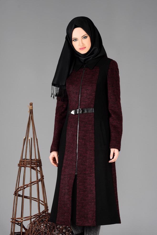 Tesettür giyim MÜRDÜM FERMUARLI KEMERLİ KABAN 9451  - ALVİNA