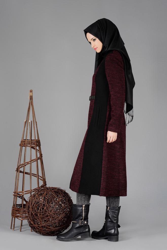 Tesettür giyim MÜRDÜM FERMUARLI KEMERLİ KABAN 9451  - ALVİNA
