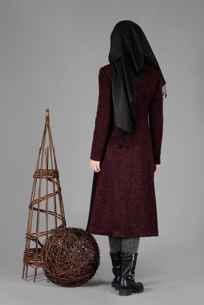 Tesettür giyim MÜRDÜM FERMUARLI KEMERLİ KABAN 9451  - ALVİNA