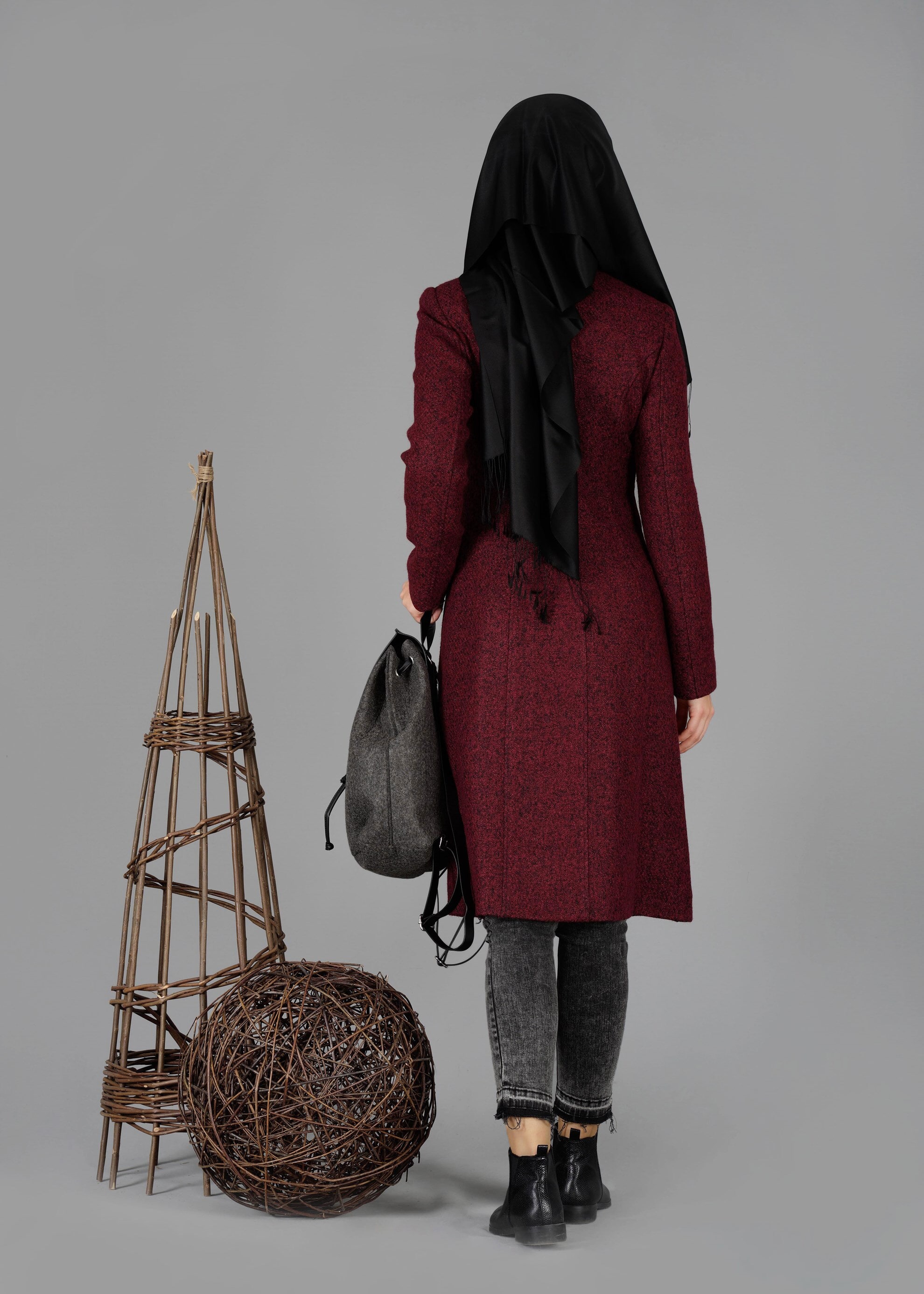 Tesettür giyim KIRMIZI HAKİM YAKA KEMERLİ KABAN 9454 