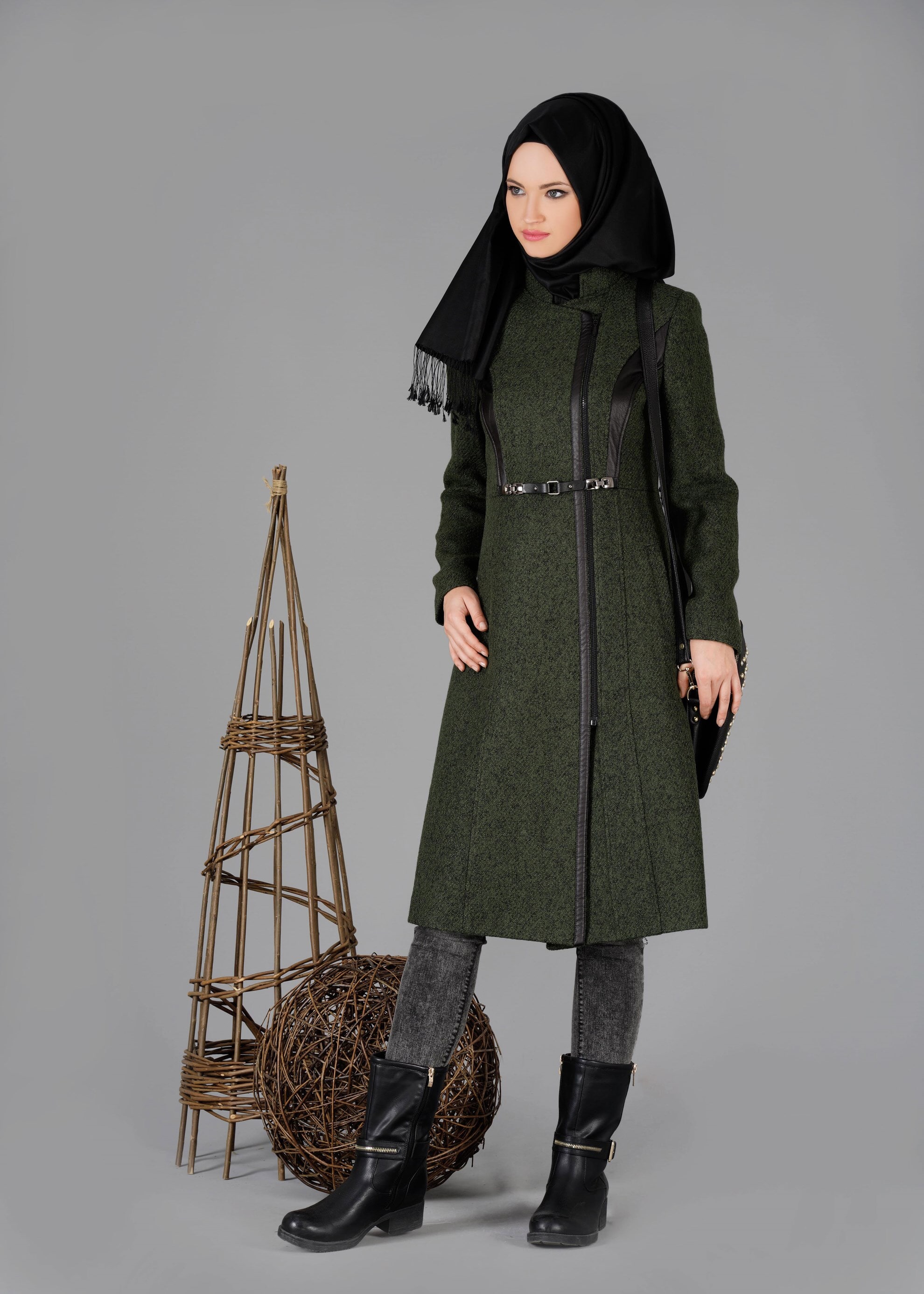 Tesettür giyim HAKİ HAKİM YAKA KEMERLİ KABAN 9454 