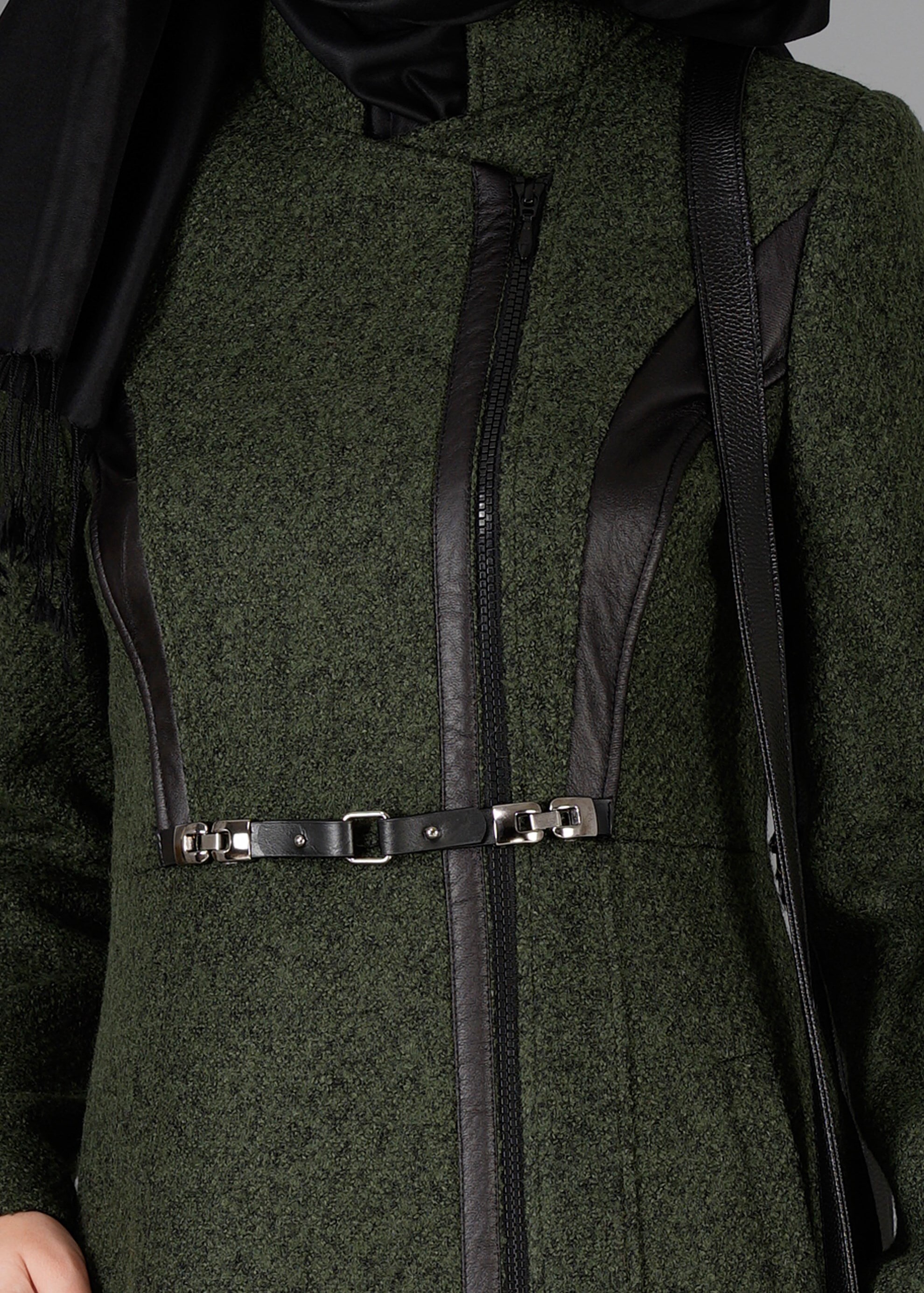 Tesettür giyim HAKİ HAKİM YAKA KEMERLİ KABAN 9454 