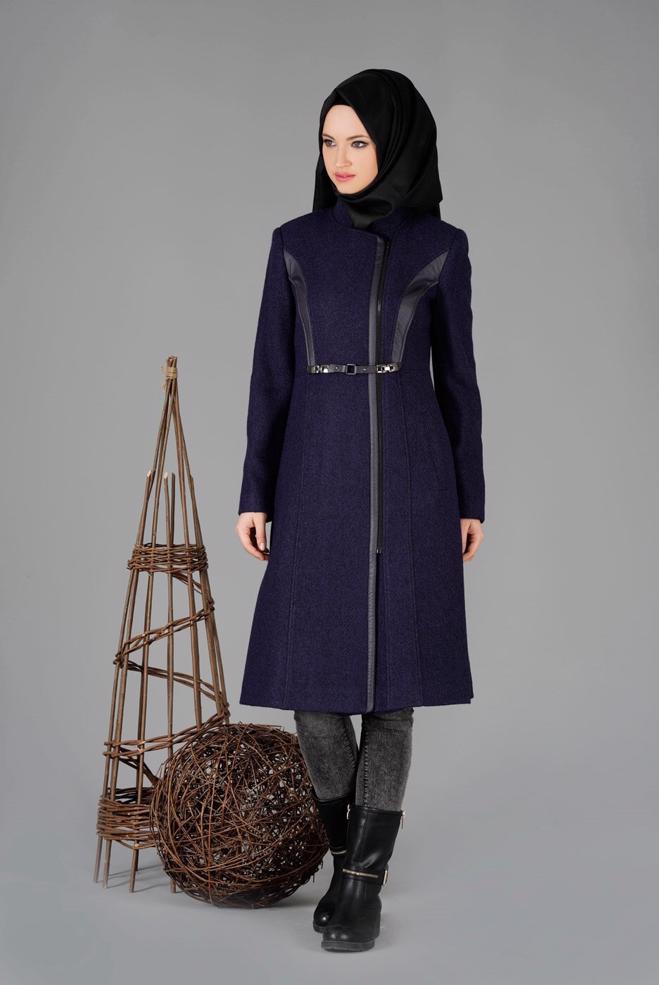 Tesettür giyim LACİVERT HAKİM YAKA KEMERLİ KABAN 9454  - ALVİNA
