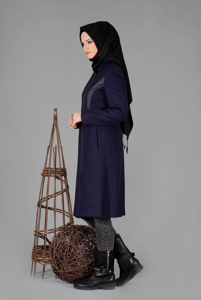 Tesettür giyim LACİVERT HAKİM YAKA KEMERLİ KABAN 9454  - ALVİNA