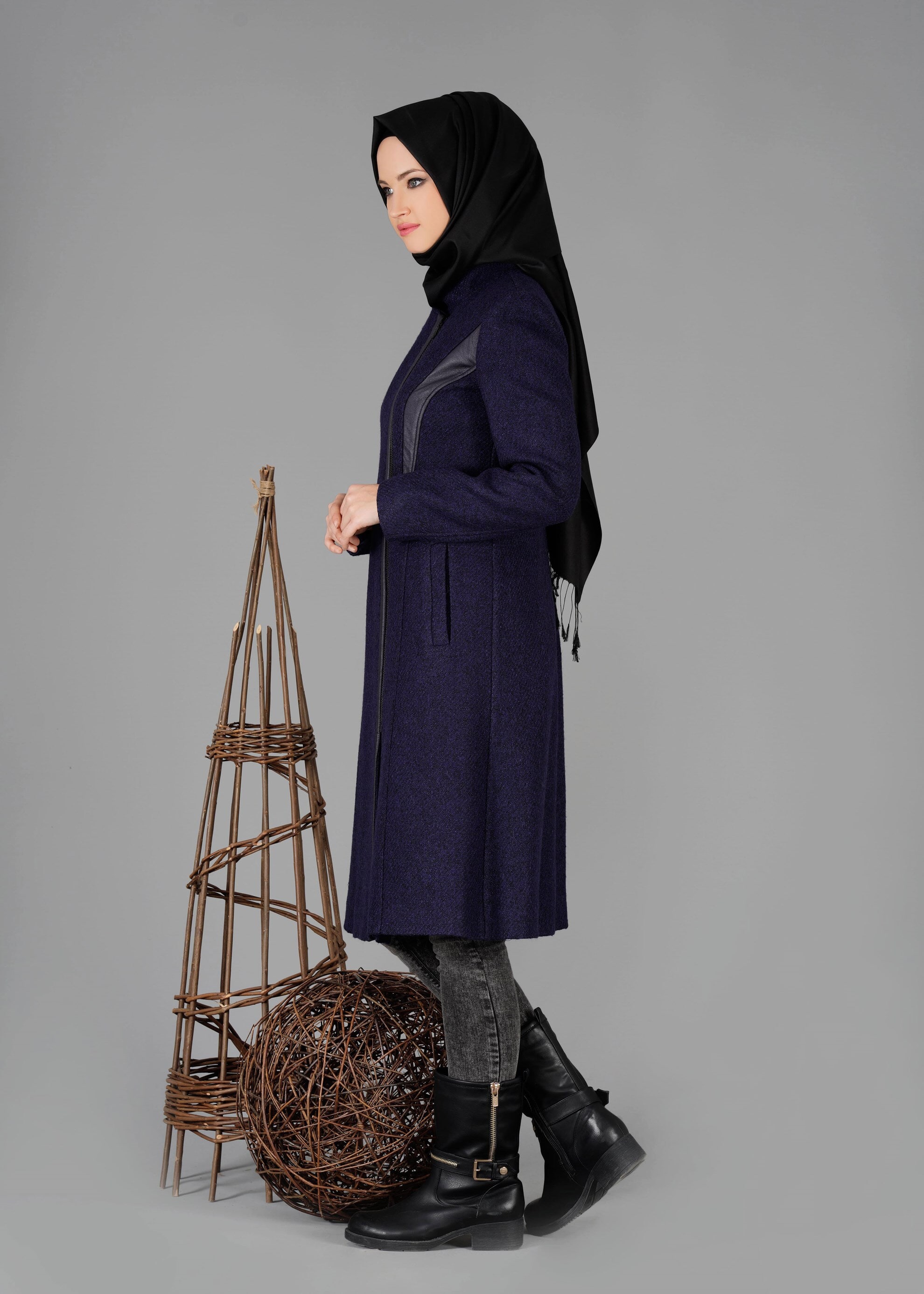 Tesettür giyim LACİVERT HAKİM YAKA KEMERLİ KABAN 9454 