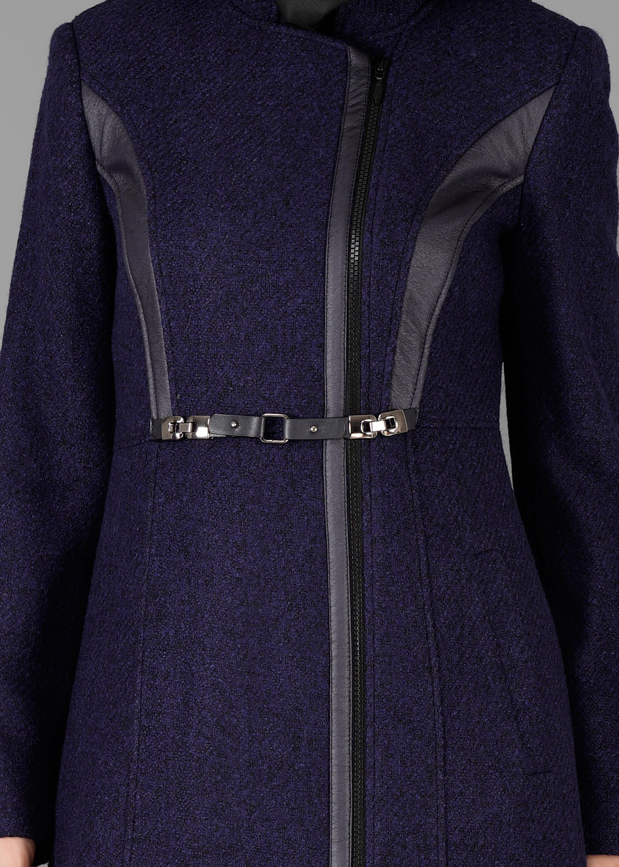 Tesettür giyim LACİVERT HAKİM YAKA KEMERLİ KABAN 9454 