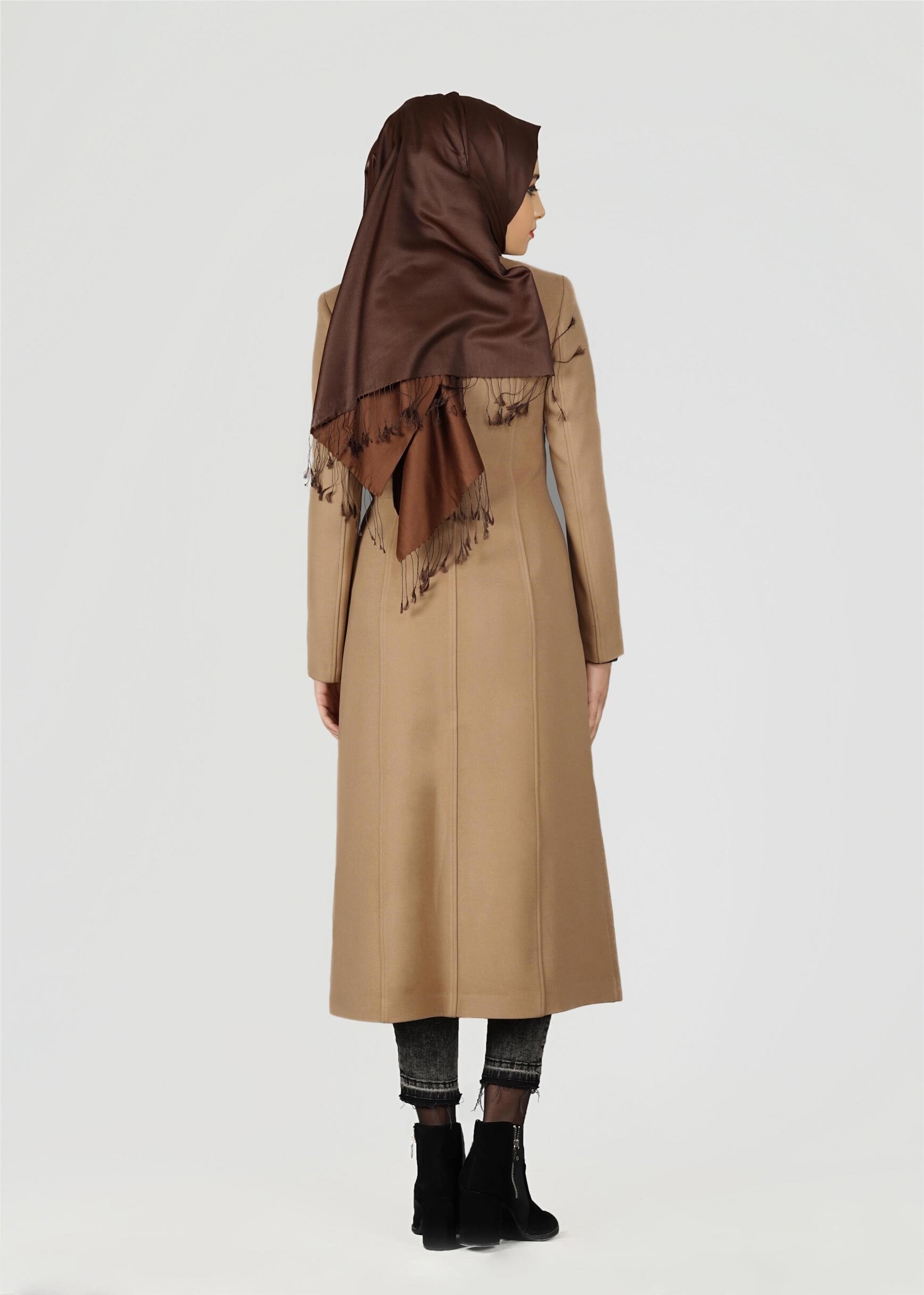 Tesettür giyim KAHVE BEL AKSESUARLI KABAN 9459