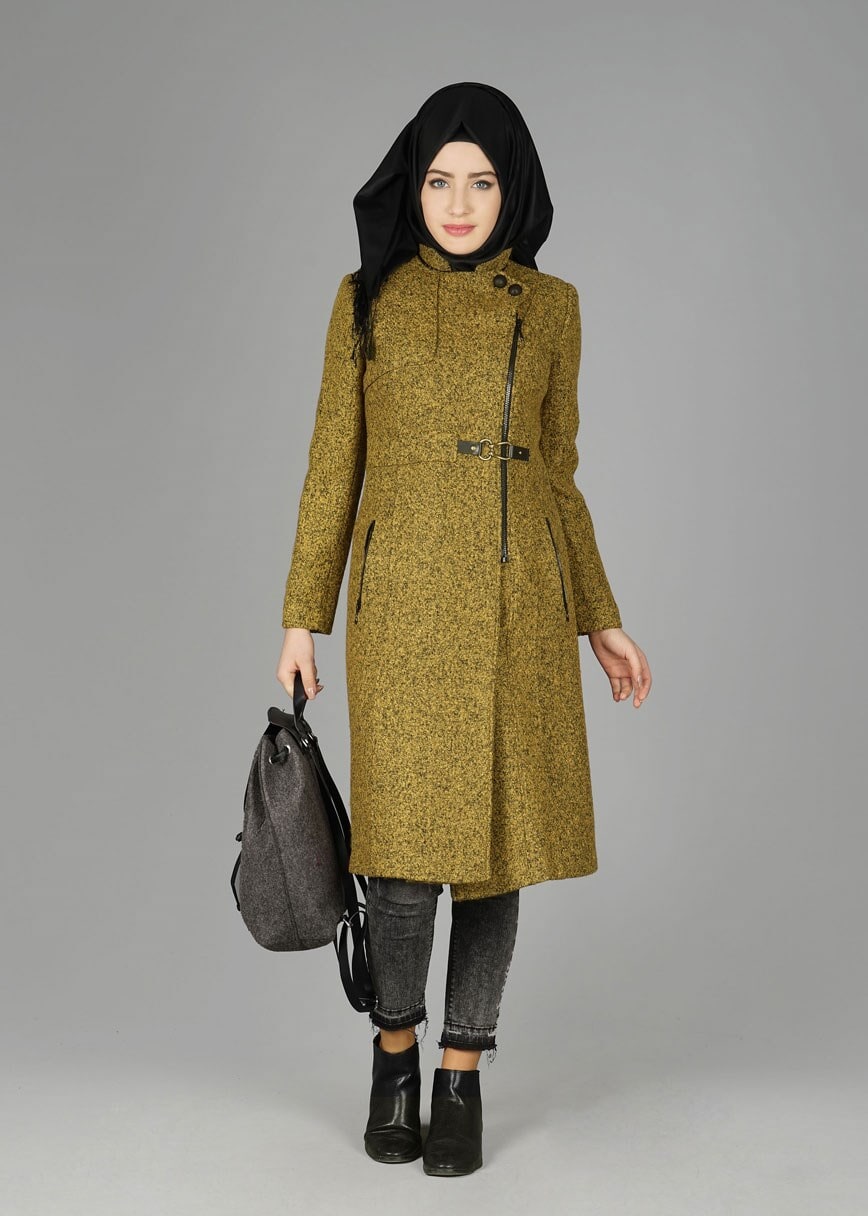 Tesettür giyim SARI KIRÇILLI FERMUARLI KABAN 9460