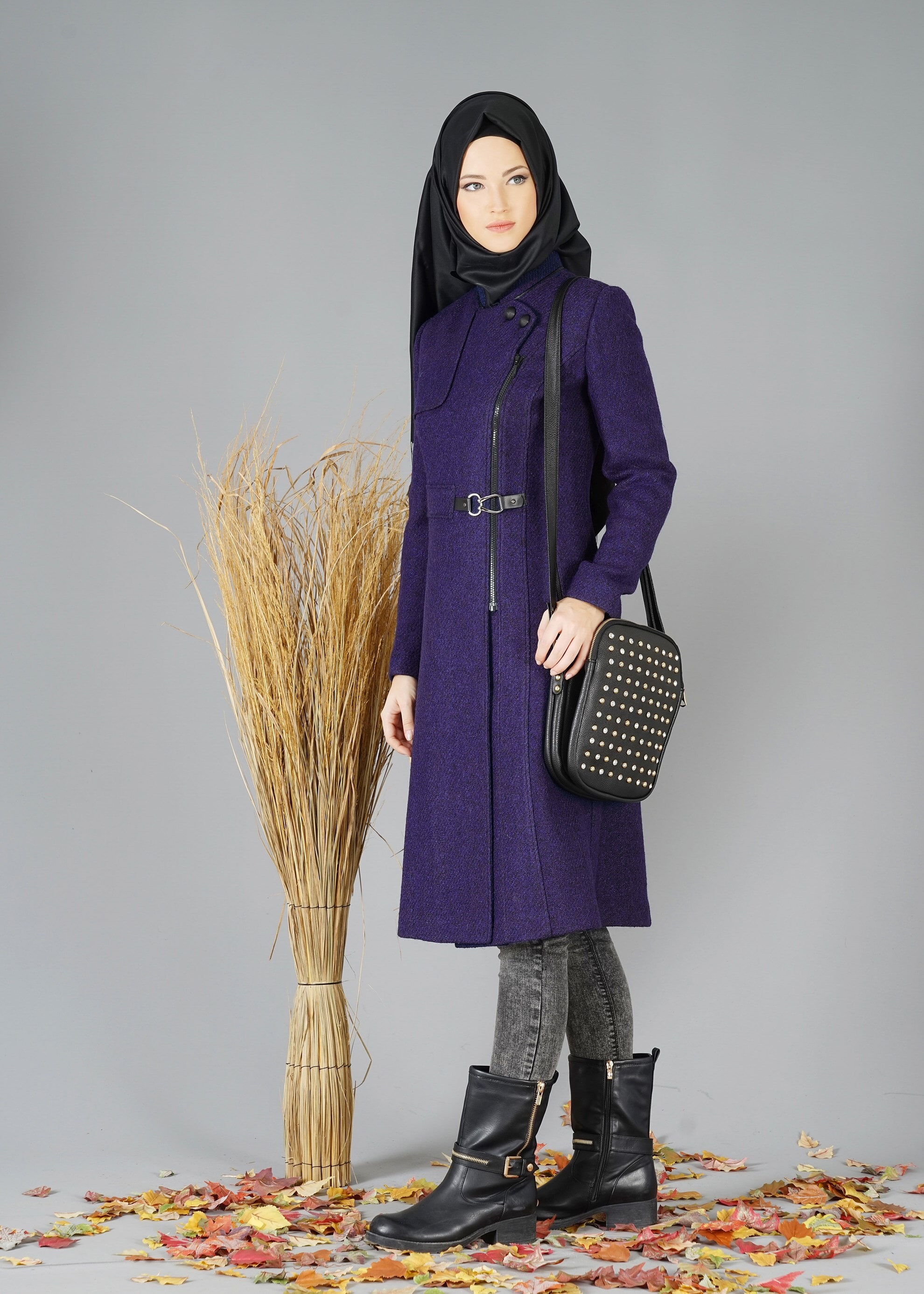 Tesettür giyim LACİVERT KIRÇILLI FERMUARLI KABAN 9460