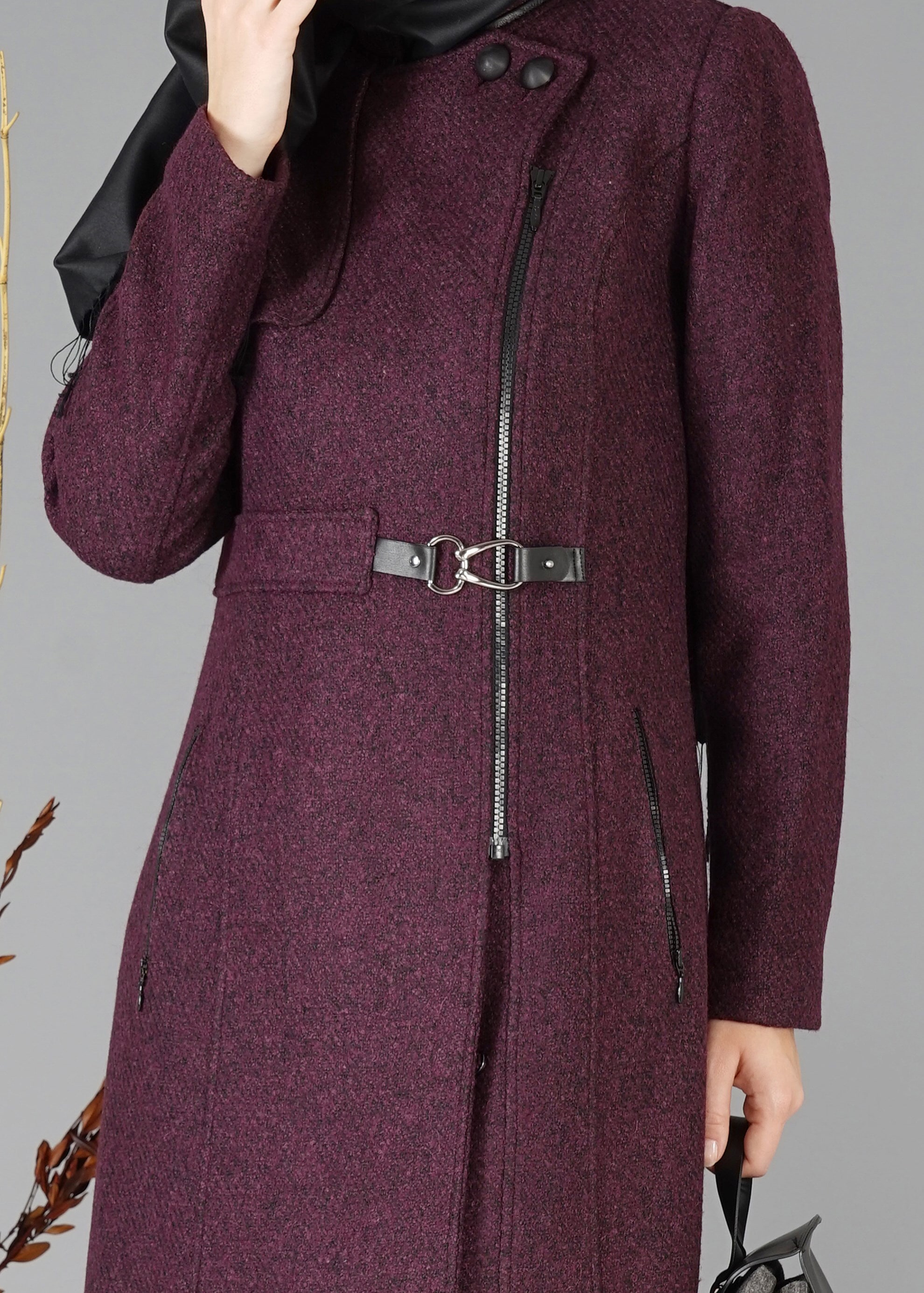 Tesettür giyim MÜRDÜM KIRÇILLI FERMUARLI KABAN 9460