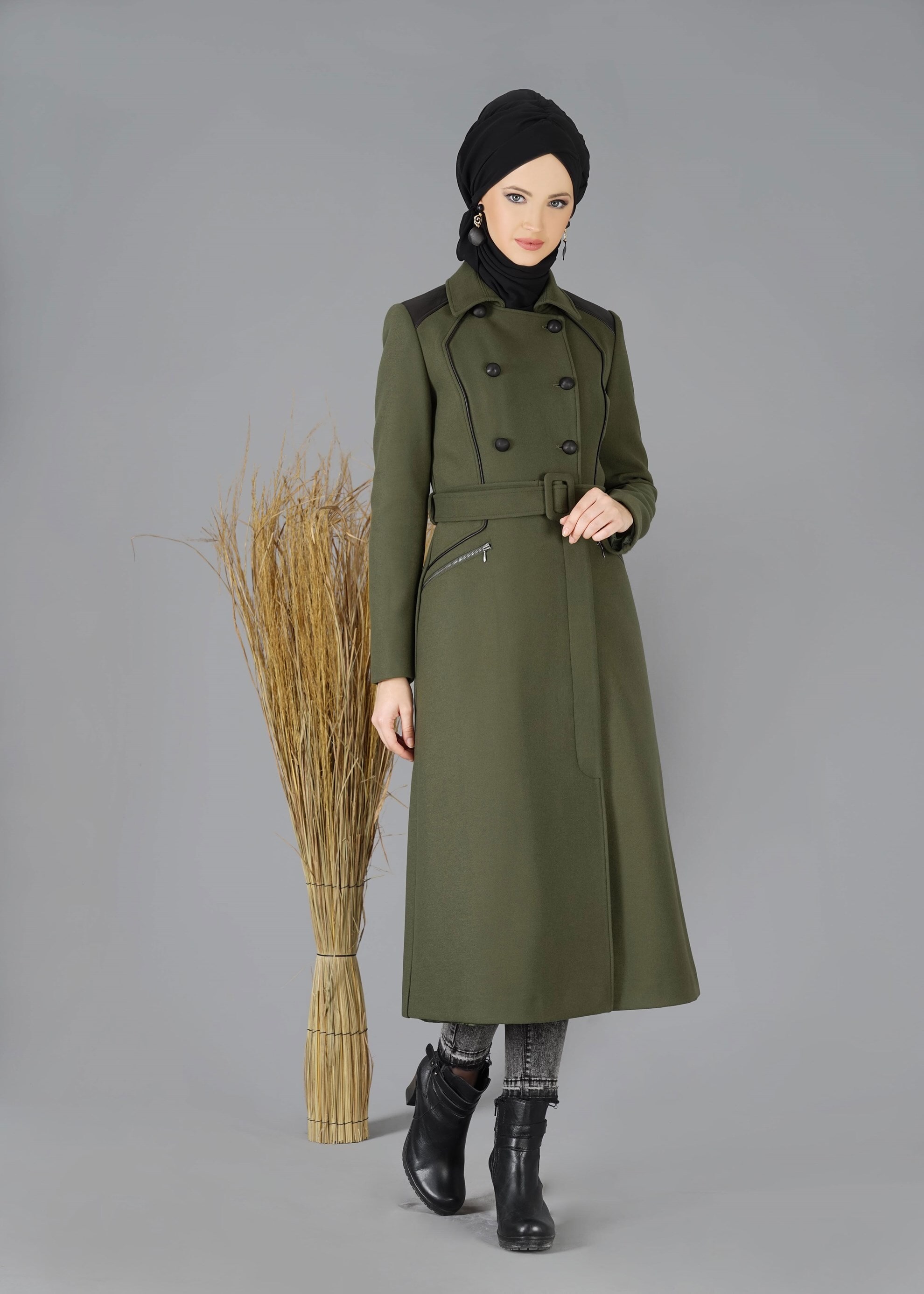 Tesettür giyim HAKİ DÜĞMELİ KEMERLİ KAŞE KABAN 9461