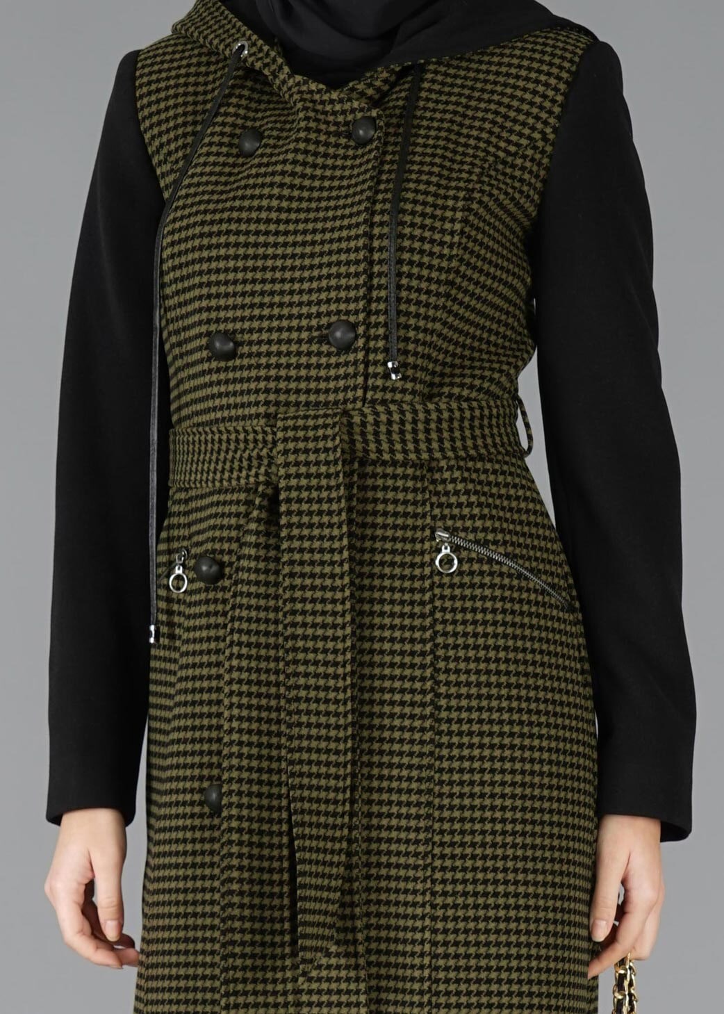 Tesettür giyim SİYAH KAZAYAĞI DESENLİ KABAN 9465