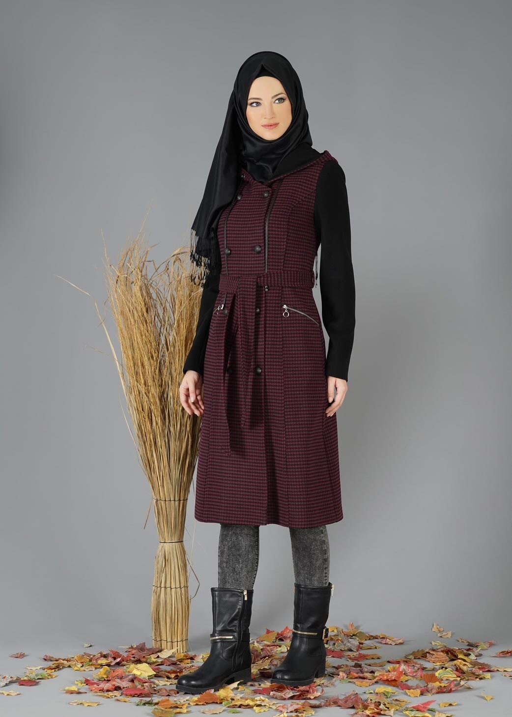 Tesettür giyim SİYAH KAZAYAĞI DESENLİ KABAN 9465