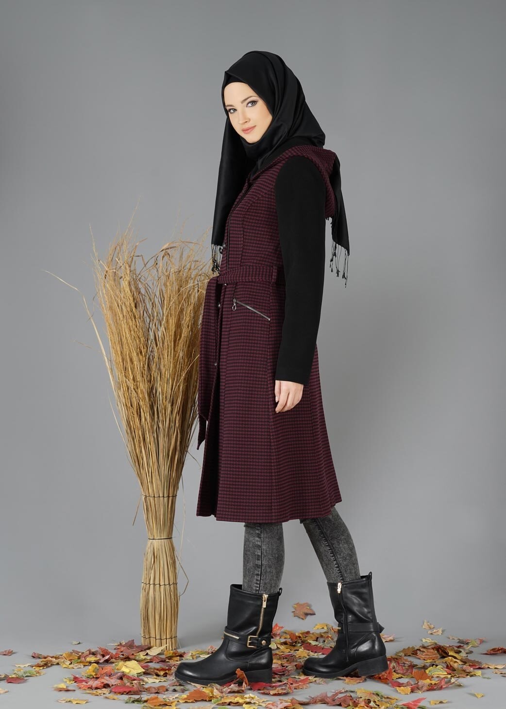 Tesettür giyim SİYAH KAZAYAĞI DESENLİ KABAN 9465