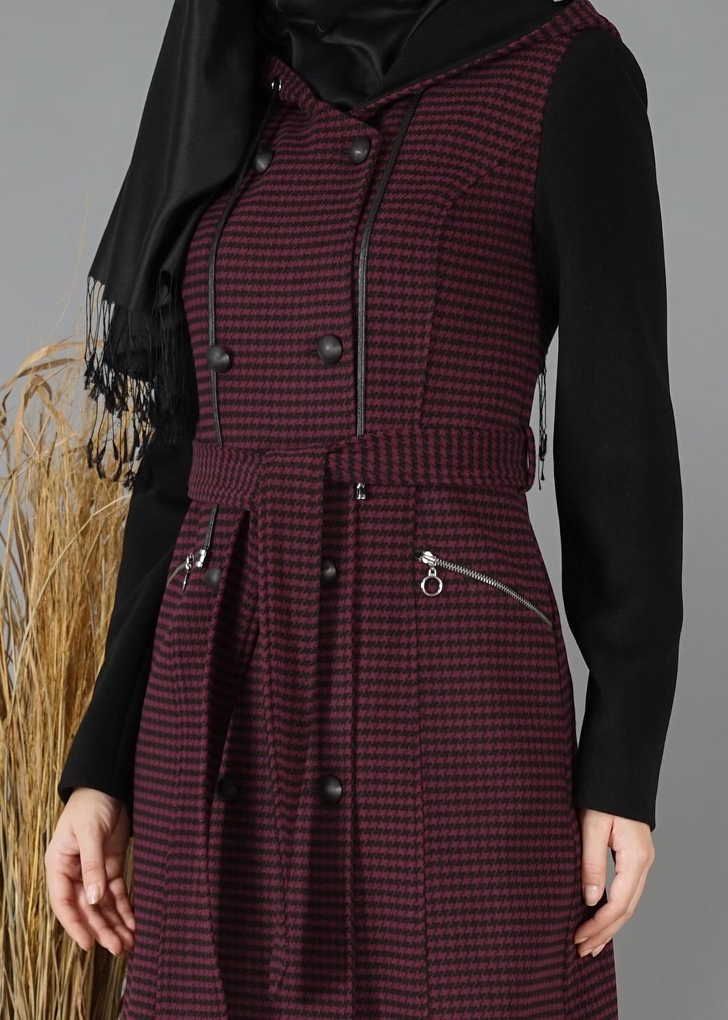 Tesettür giyim SİYAH KAZAYAĞI DESENLİ KABAN 9465