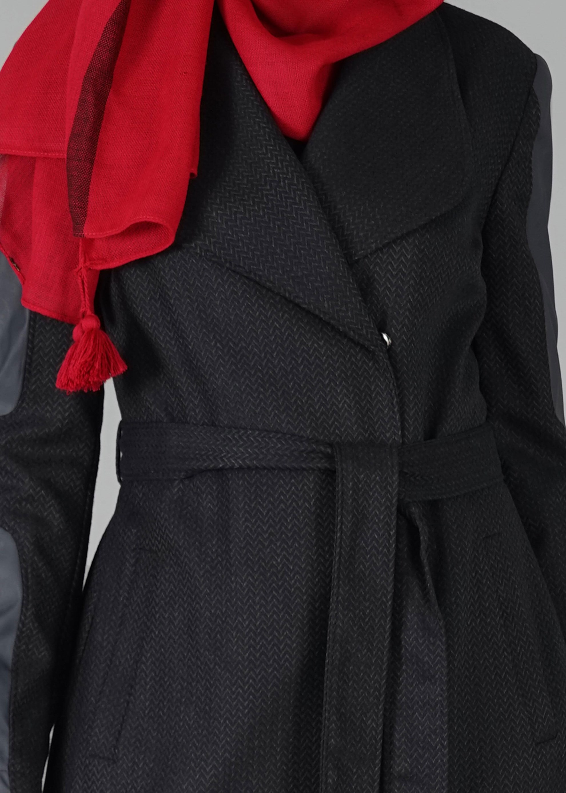 Tesettür giyim LACİVERT KUŞAKLI DOKULU KABAN 9470