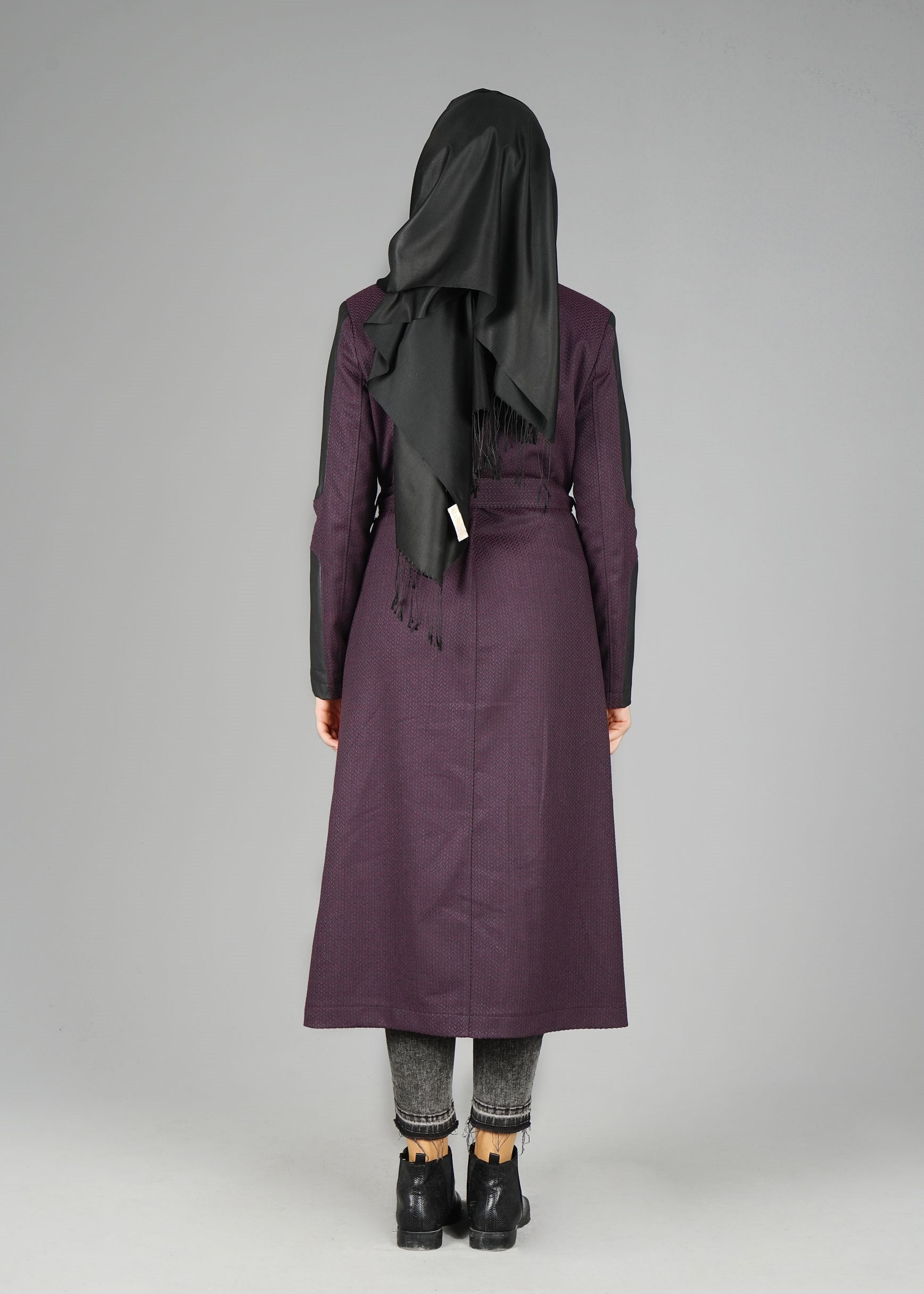 Tesettür giyim MÜRDÜM KUŞAKLI DOKULU KABAN 9470