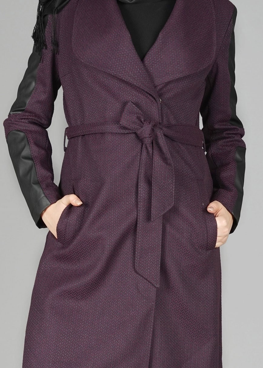 Tesettür giyim MÜRDÜM KUŞAKLI DOKULU KABAN 9470