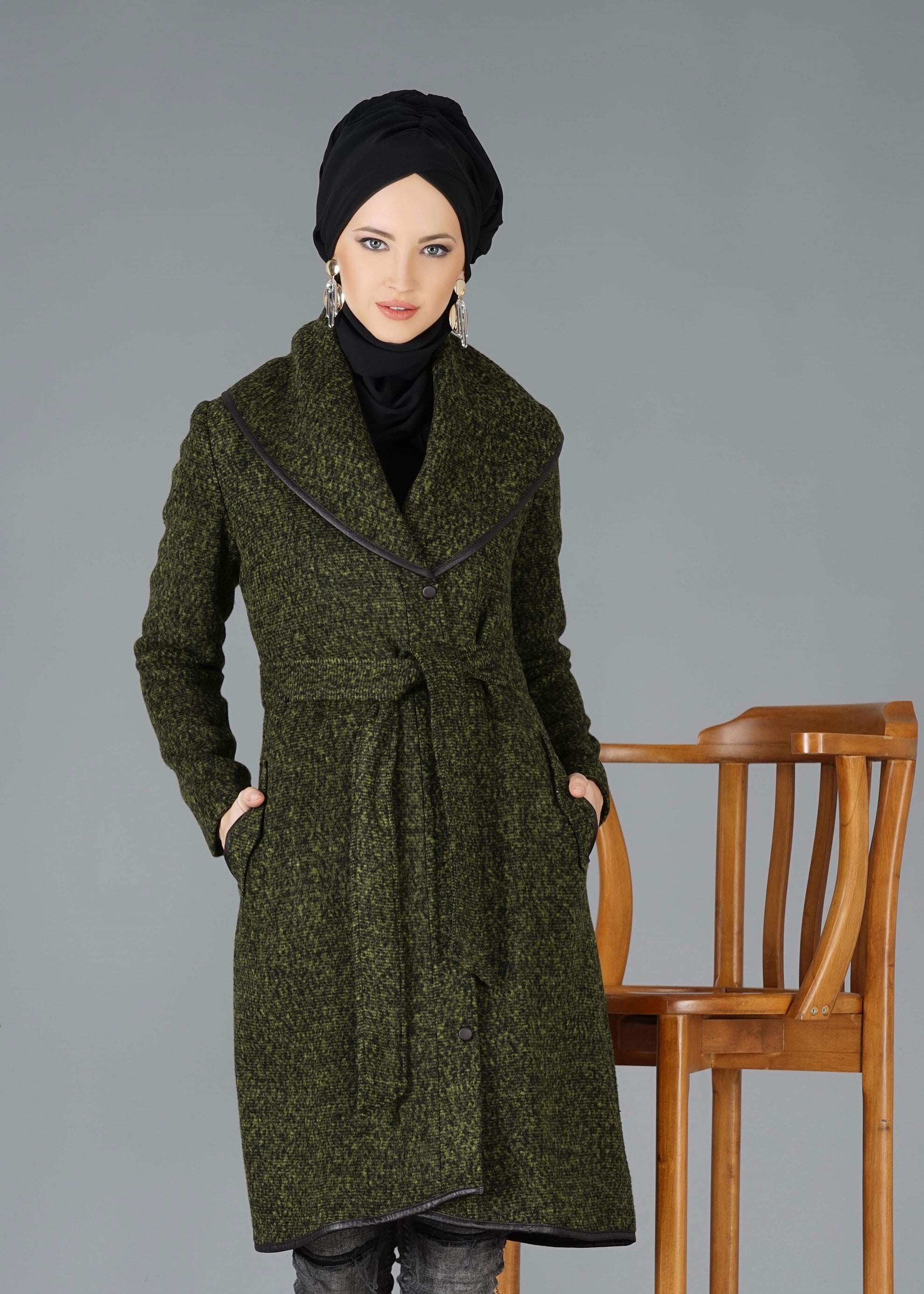 Tesettür giyim YEŞİL ŞAL YAKA KABAN 9476