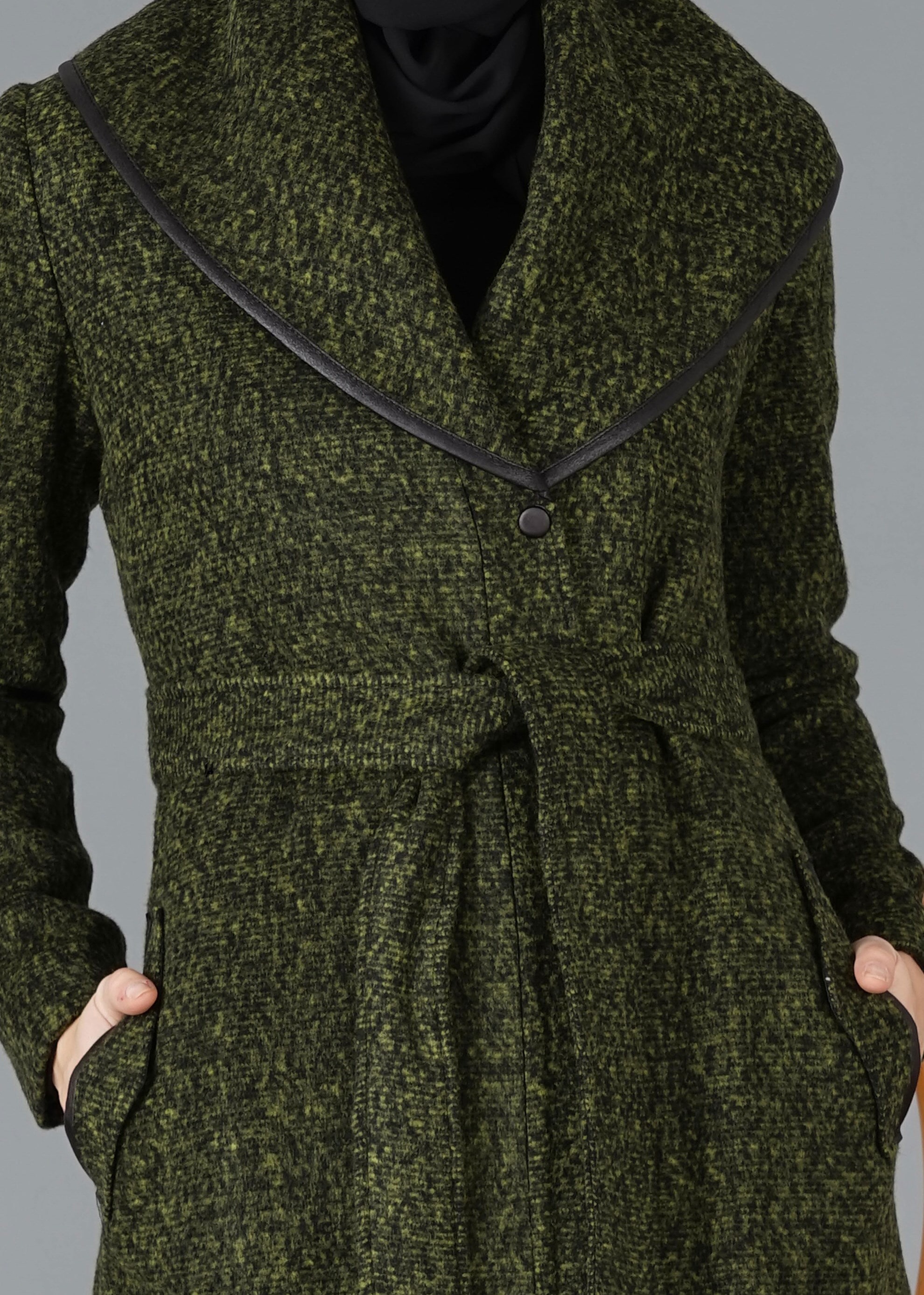 Tesettür giyim YEŞİL ŞAL YAKA KABAN 9476