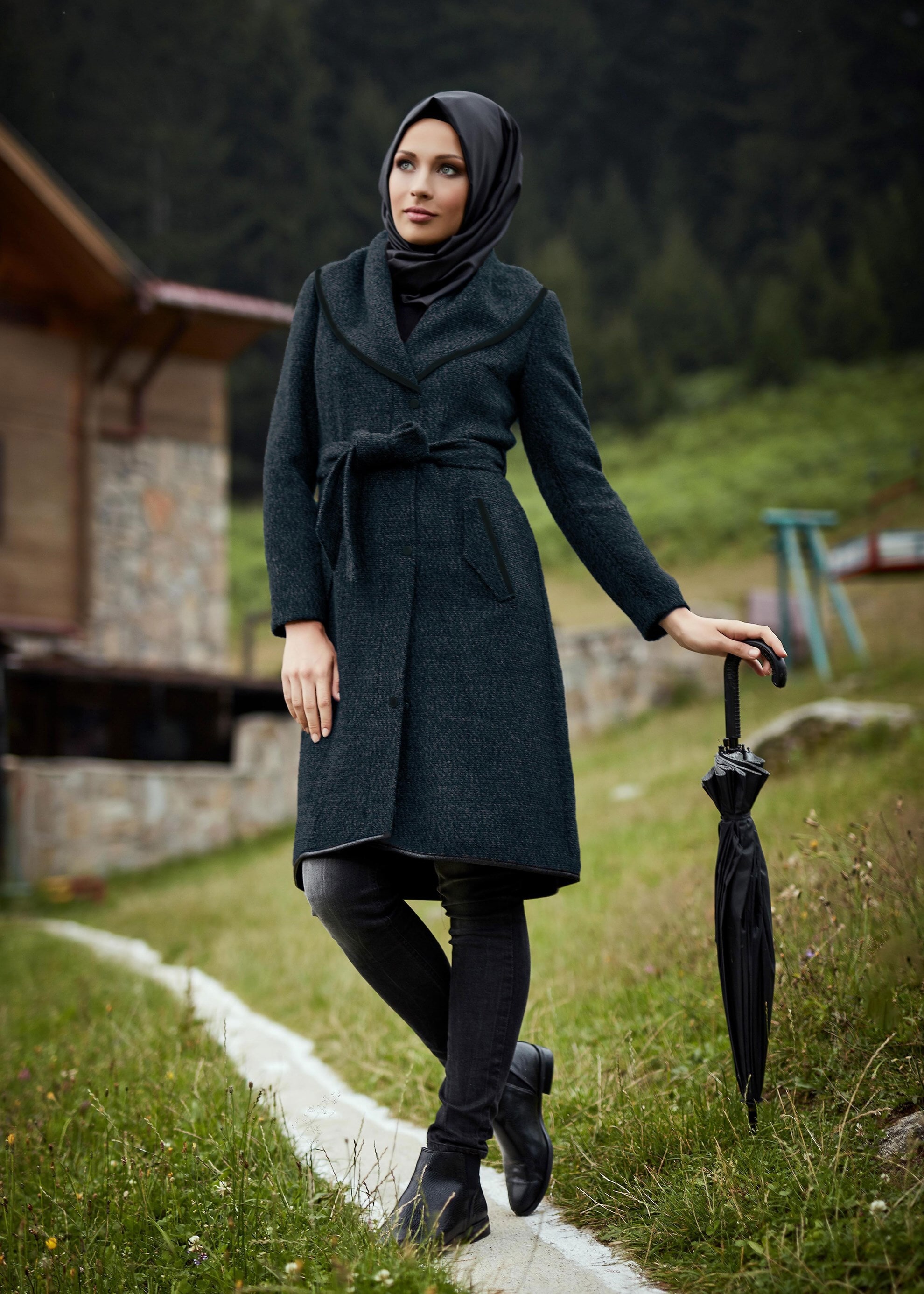 Tesettür giyim MAVİ ŞAL YAKA KABAN 9476