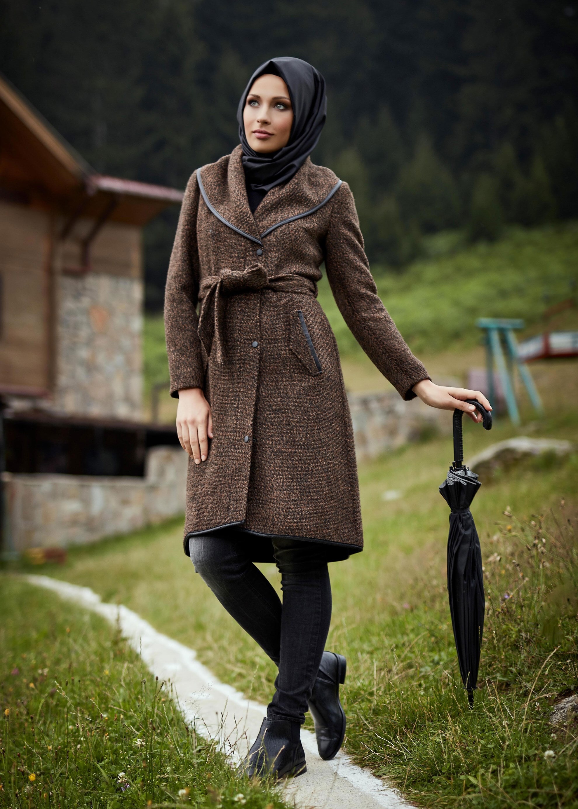 Tesettür giyim KAHVE ŞAL YAKA KABAN 9476