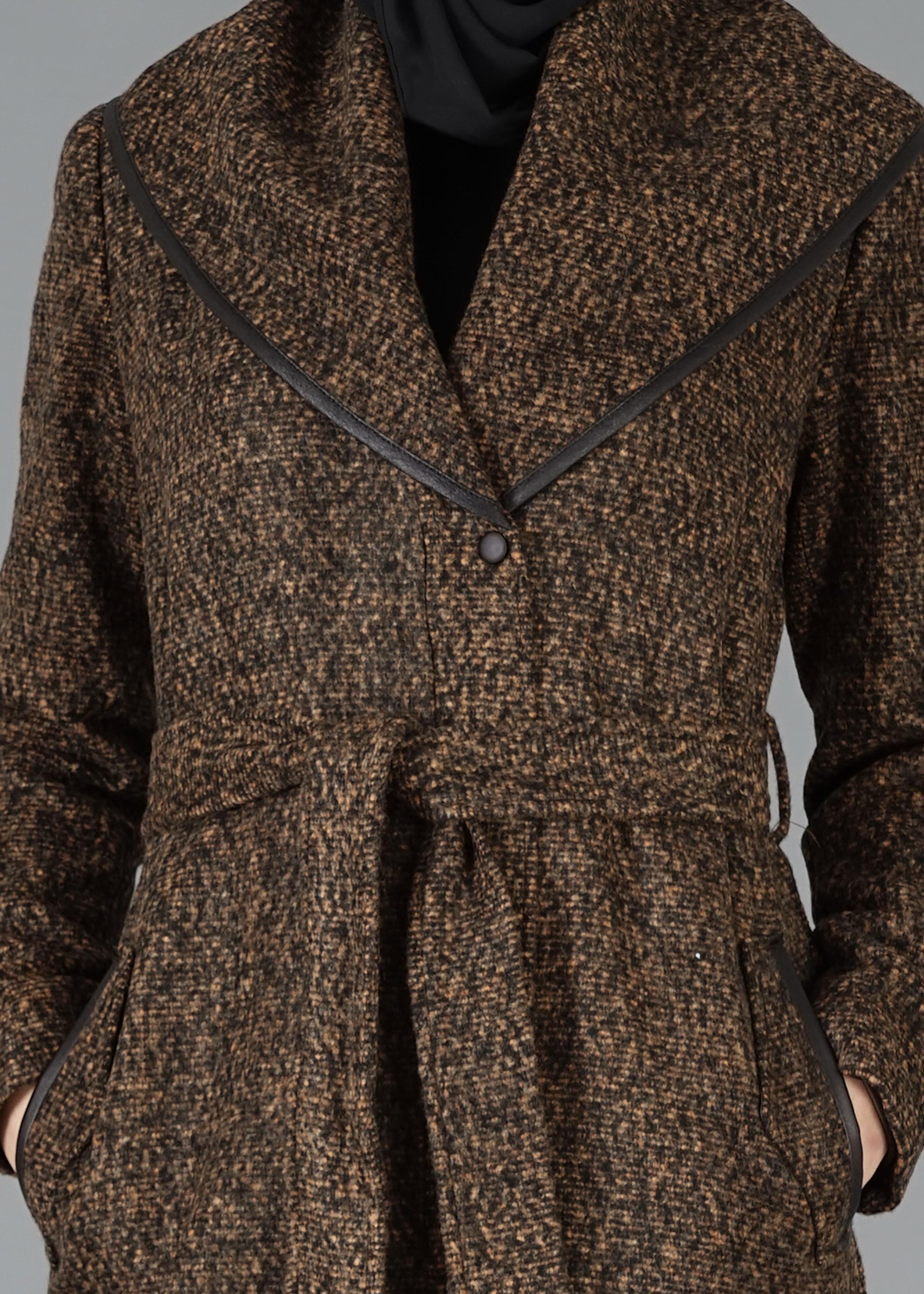 Tesettür giyim KAHVE ŞAL YAKA KABAN 9476