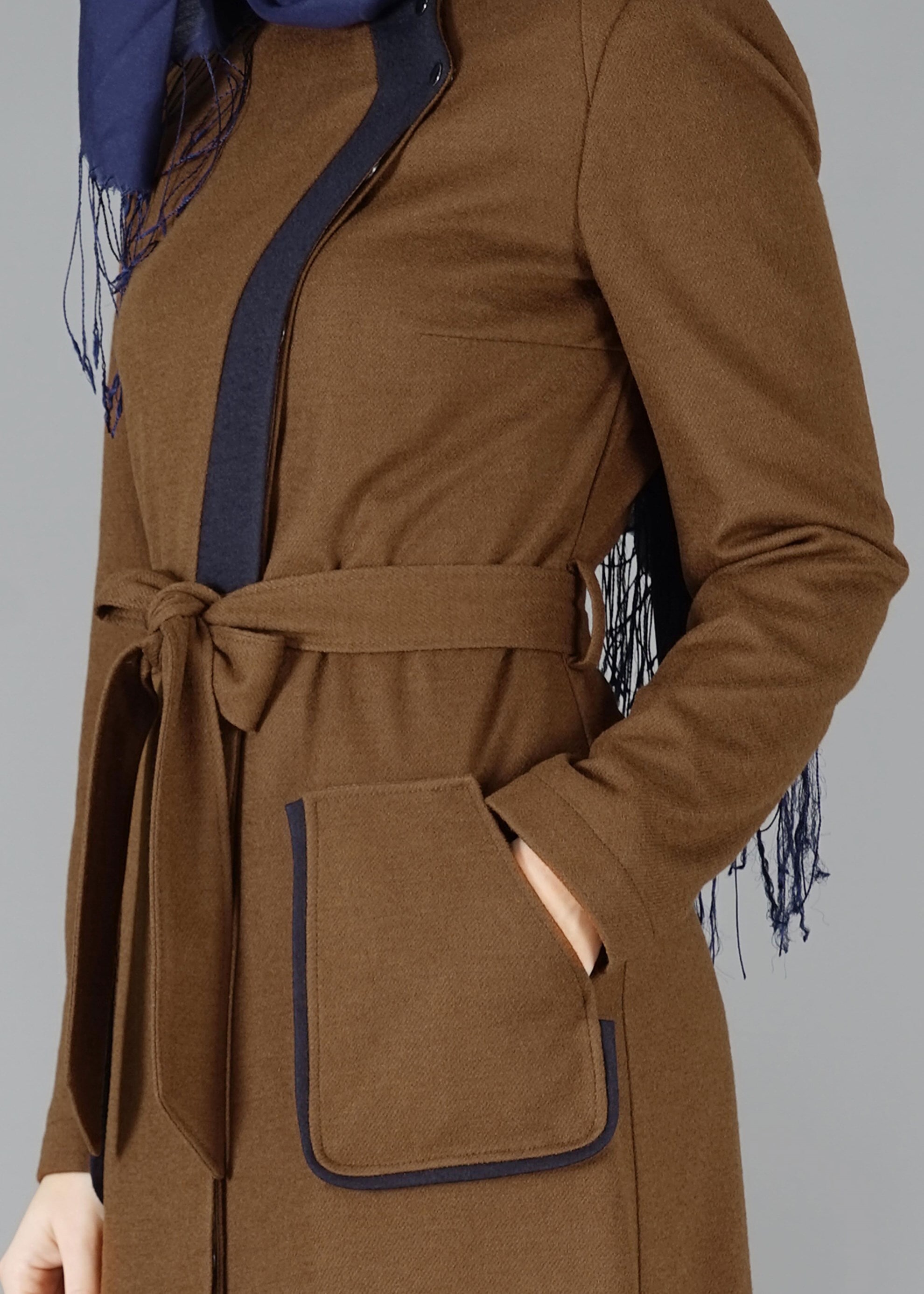 Tesettür giyim KAHVE CEPLİ KUŞAKLI KABAN 9485