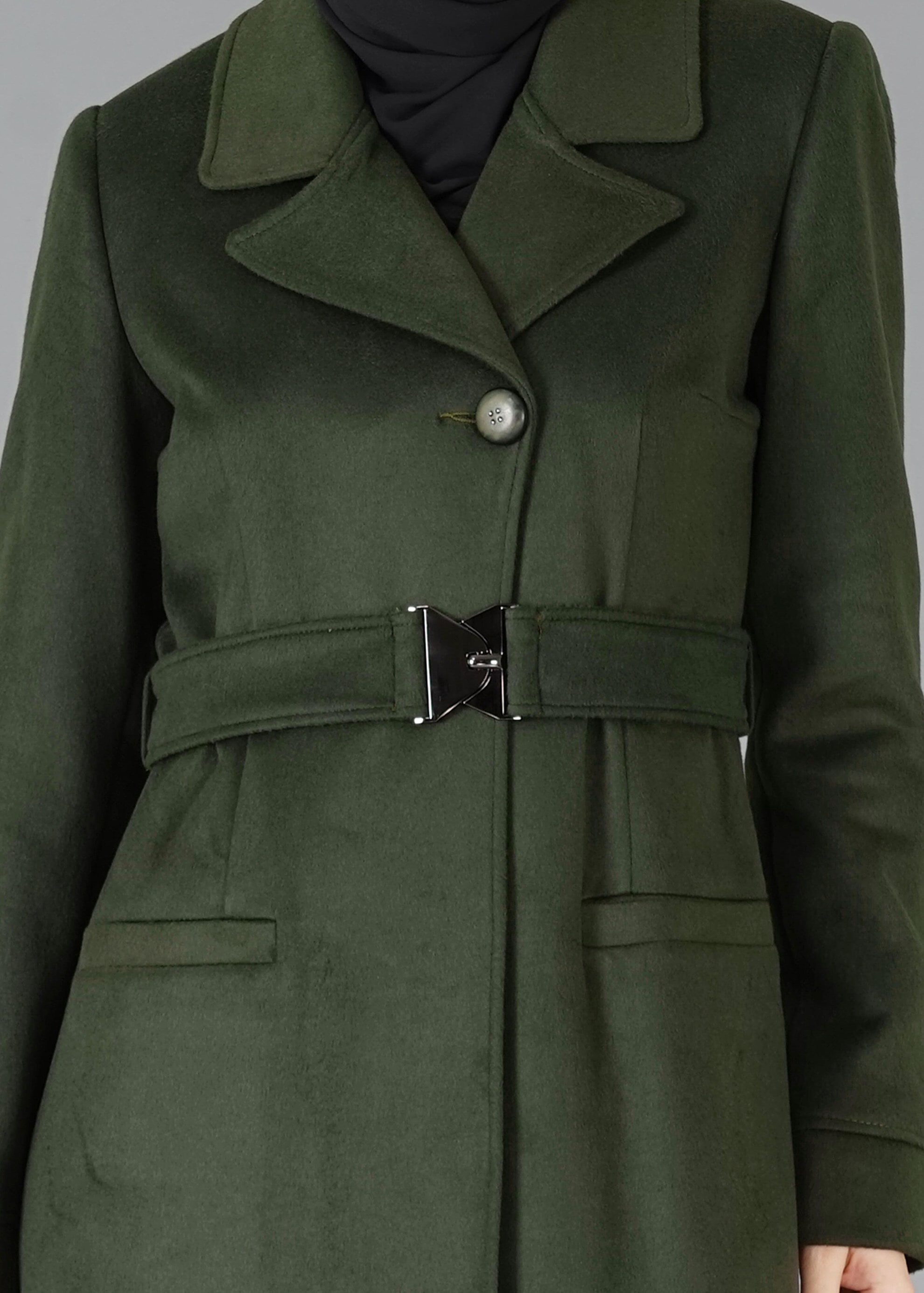 Tesettür giyim YEŞİL KRUVAZE YAKA KEMERLİ KABAN 9486