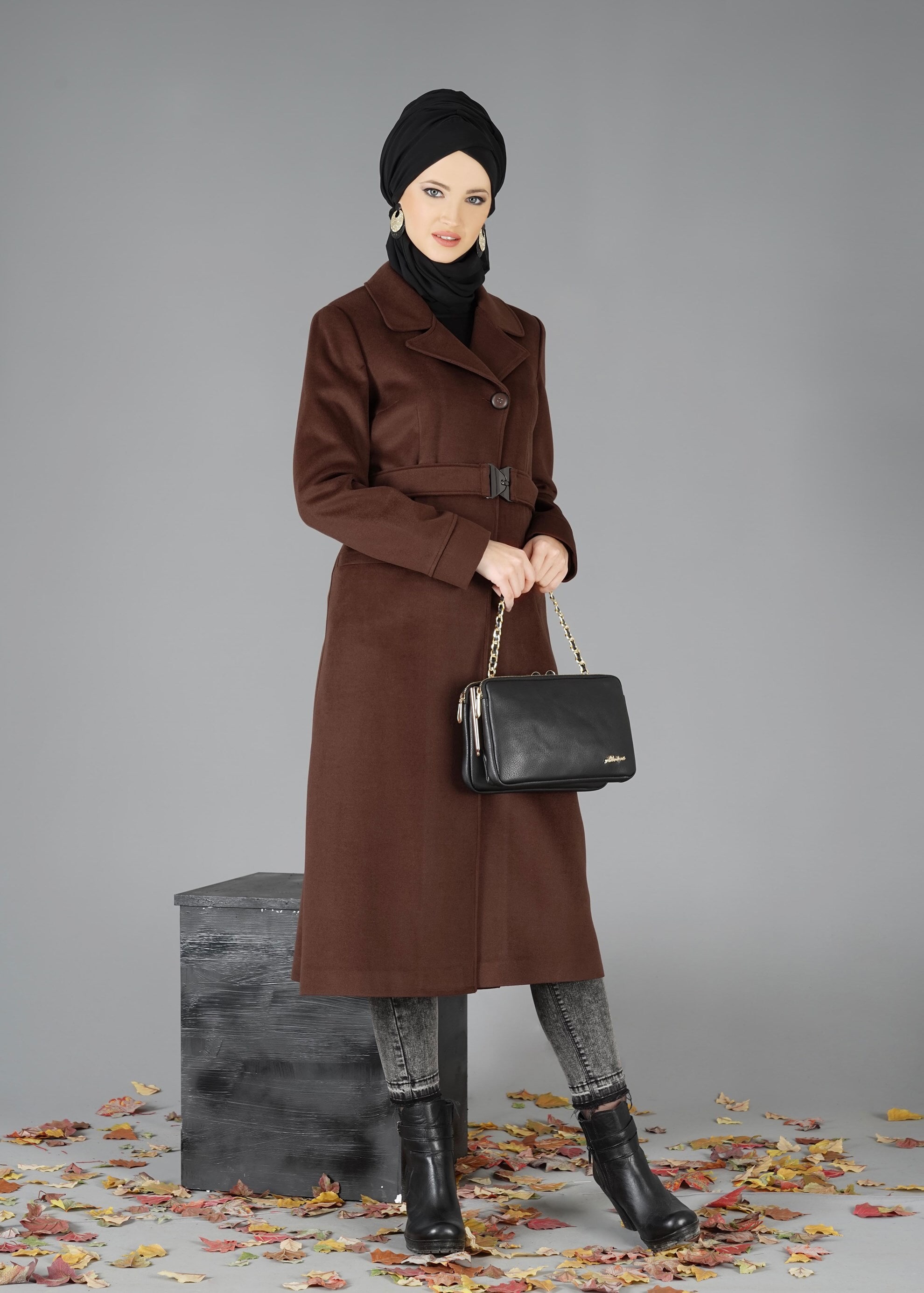 Tesettür giyim TURUNCU KRUVAZE YAKA KEMERLİ KABAN 9486