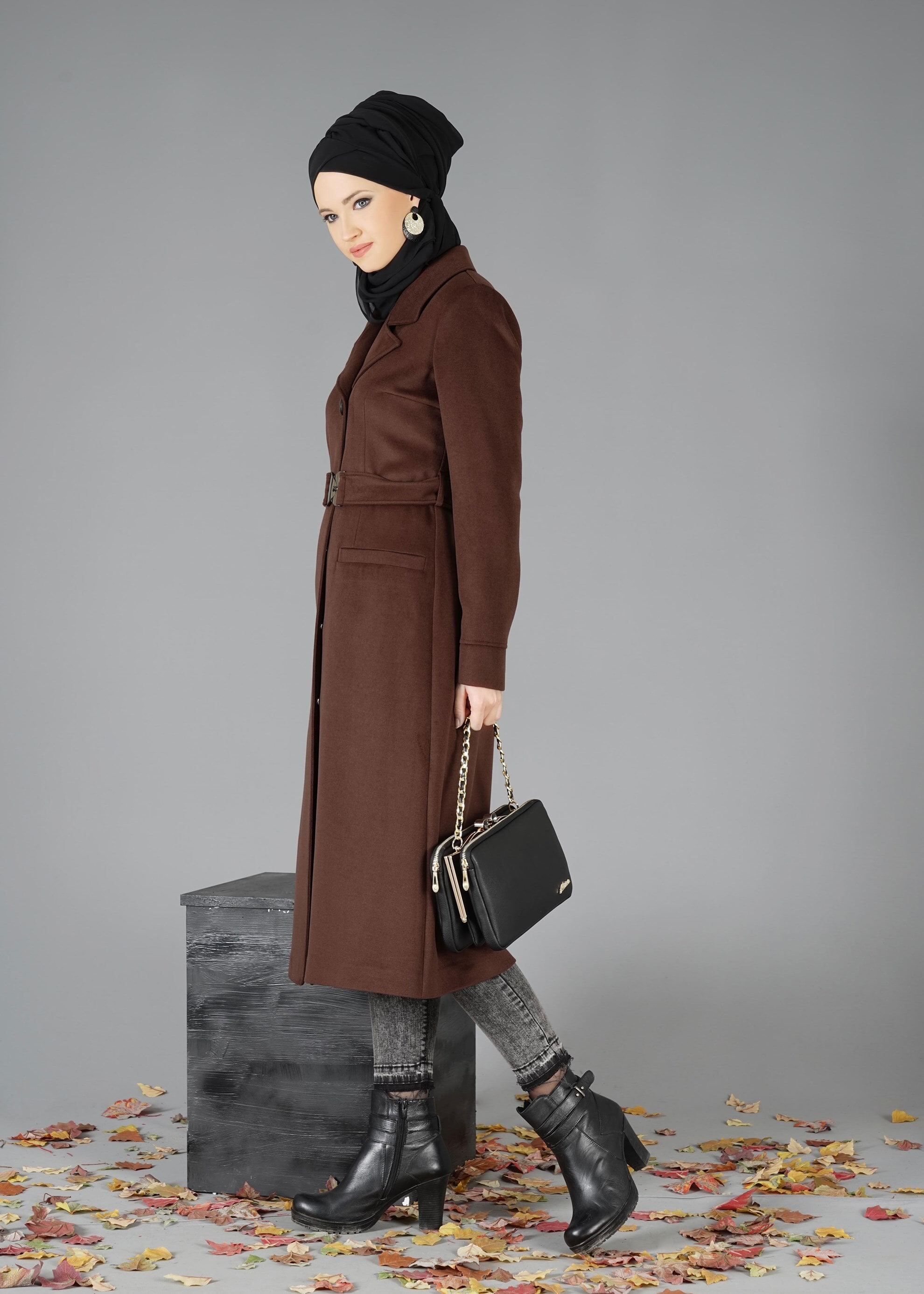 Tesettür giyim TURUNCU KRUVAZE YAKA KEMERLİ KABAN 9486