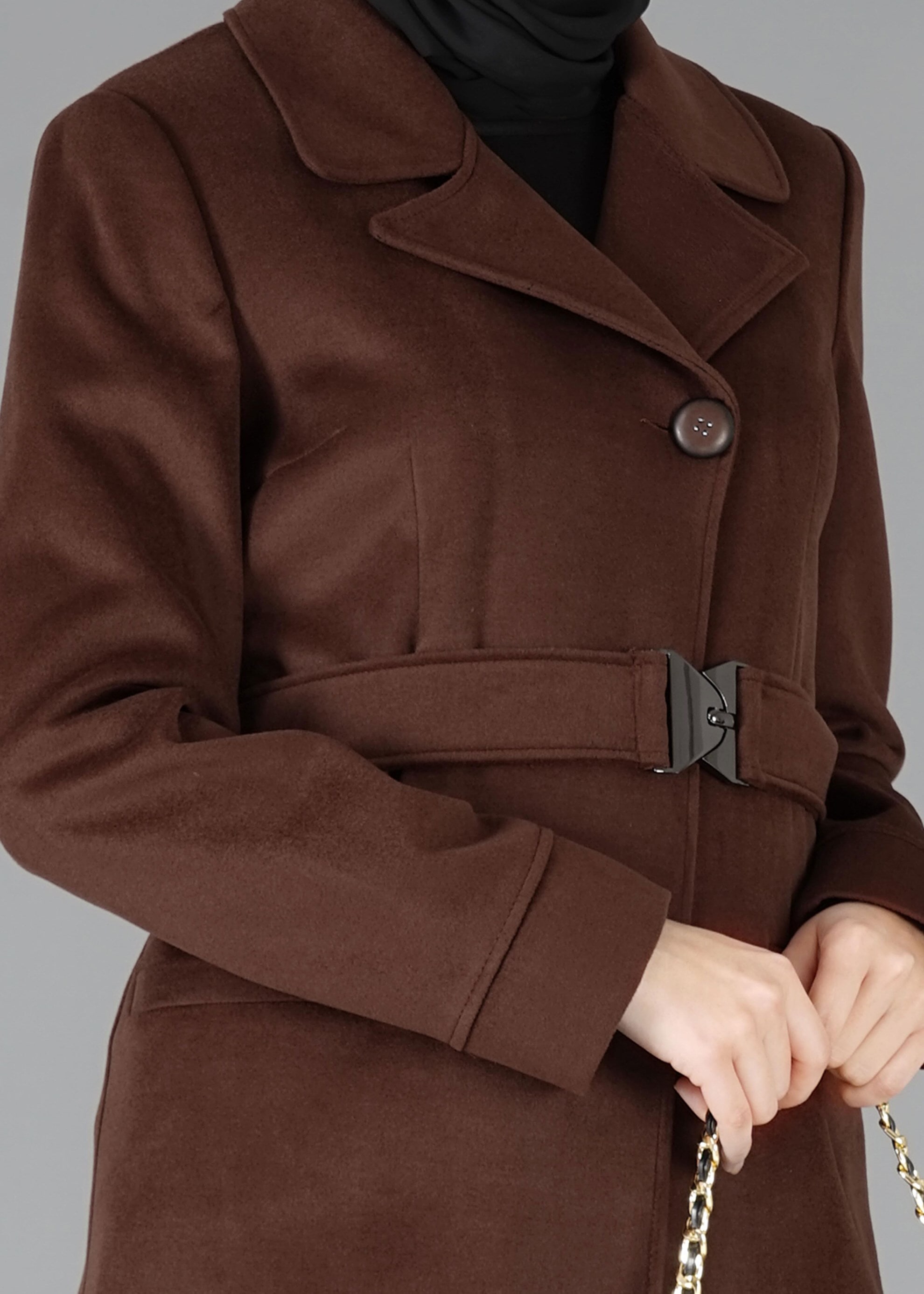 Tesettür giyim TURUNCU KRUVAZE YAKA KEMERLİ KABAN 9486