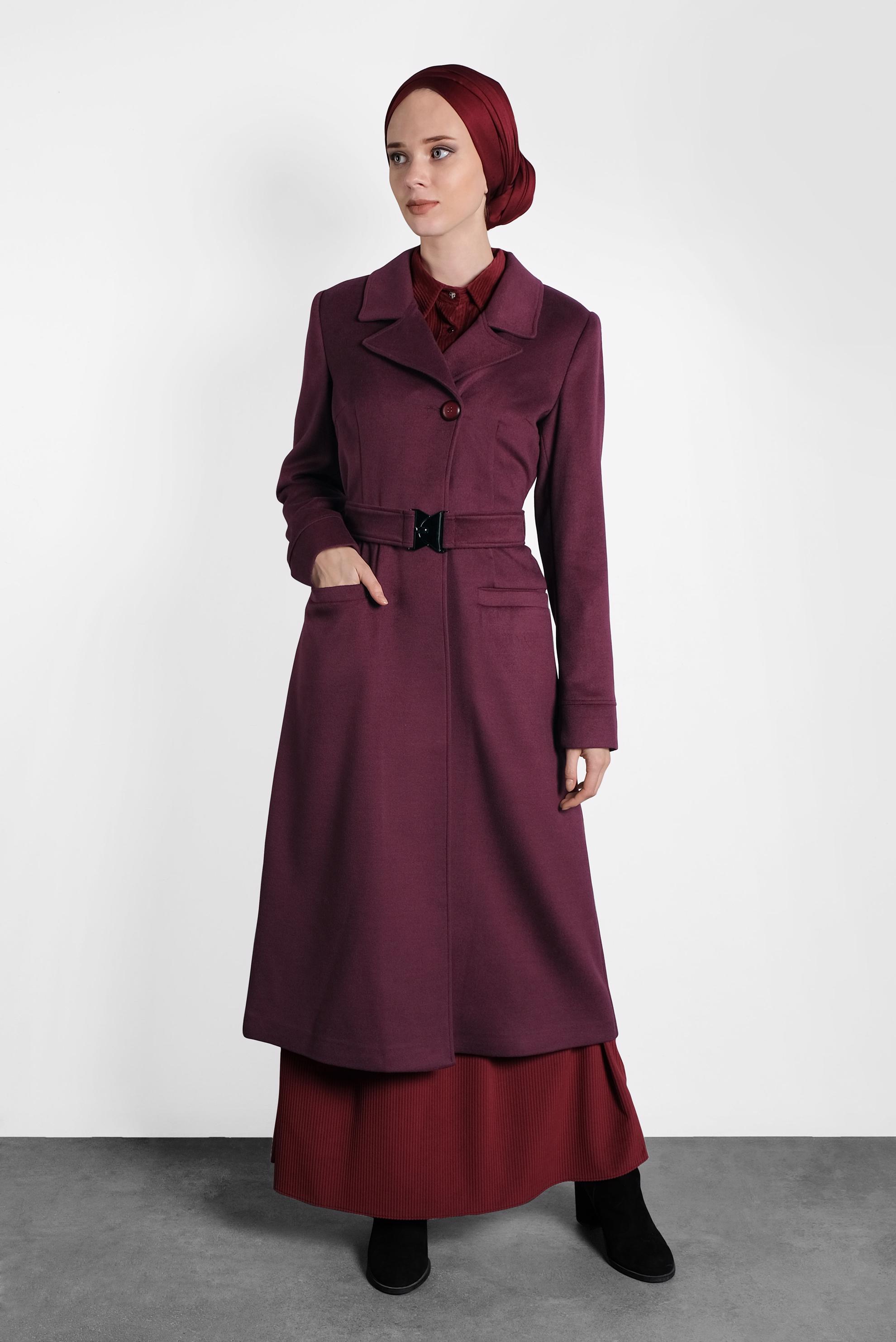 Tesettür giyim MOR KRUVAZE YAKA KEMERLİ KABAN 9486