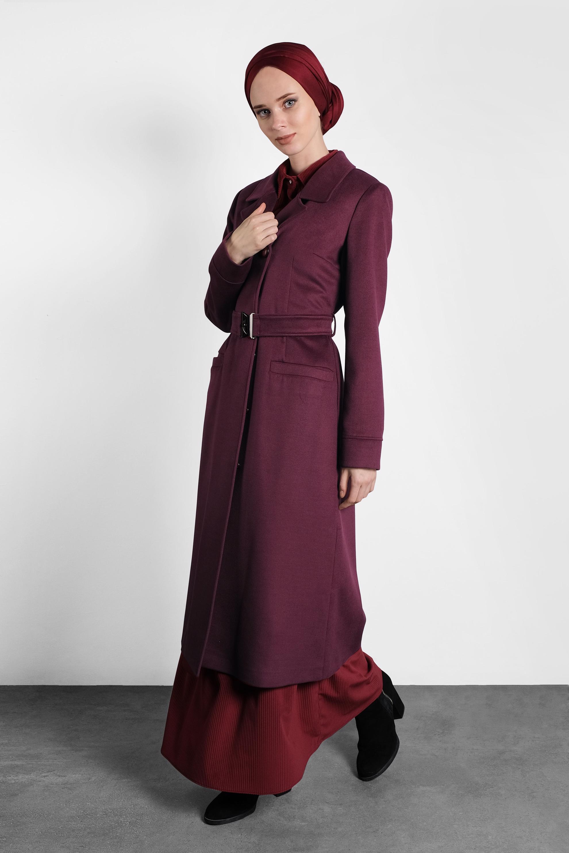 Tesettür giyim MOR KRUVAZE YAKA KEMERLİ KABAN 9486