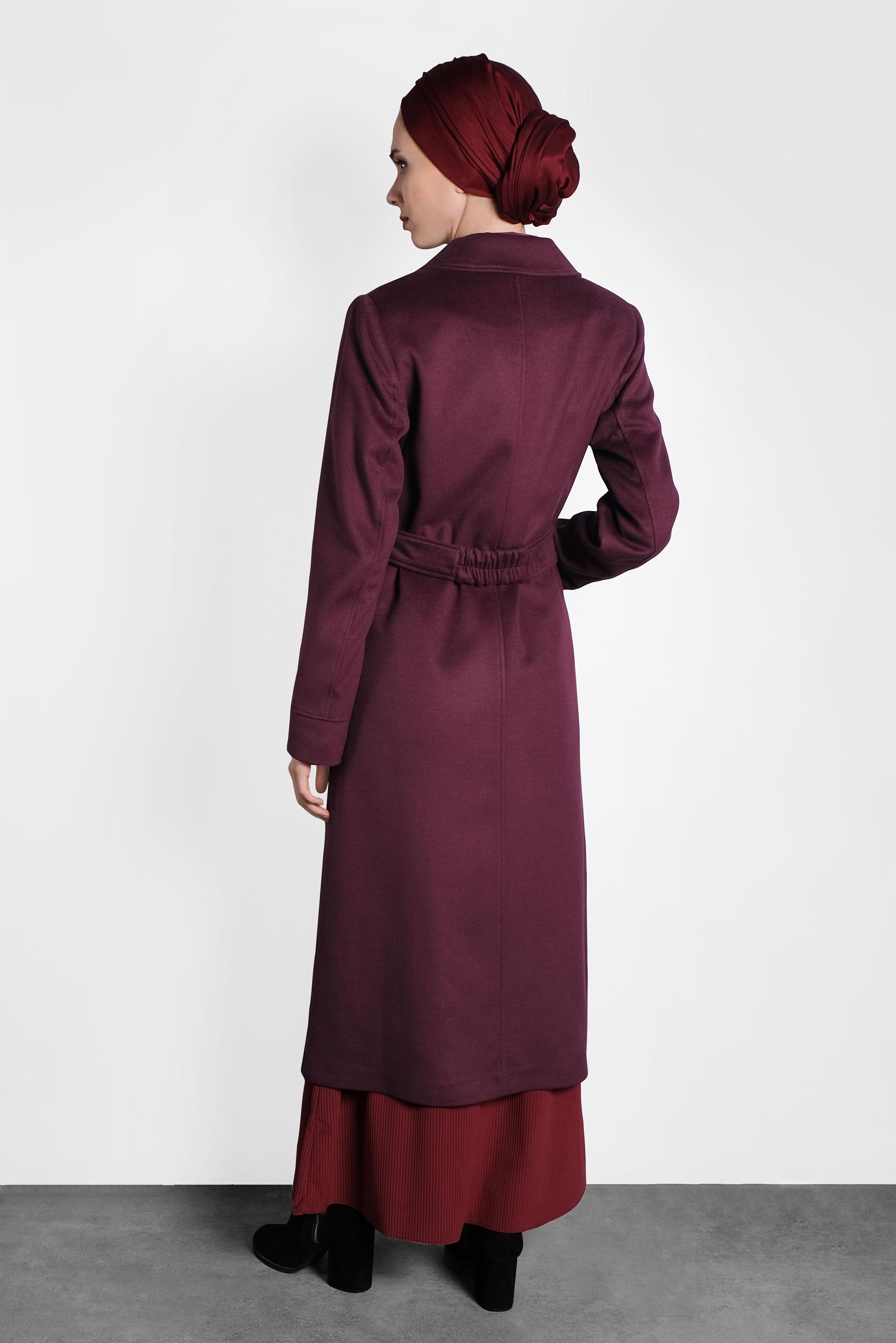 Tesettür giyim MOR KRUVAZE YAKA KEMERLİ KABAN 9486