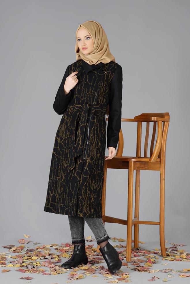 Tesettür giyim BEJ YANDAN FERMUARLI DESENLİ KABAN 9495 - ALVİNA