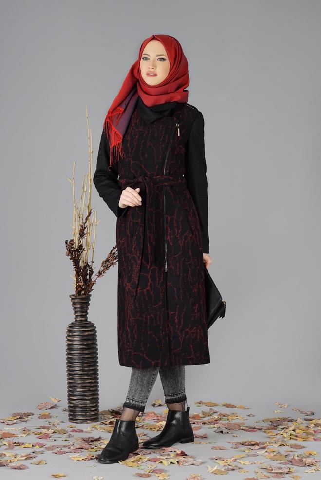Tesettür giyim SİYAH YANDAN FERMUARLI DESENLİ KABAN 9495 - ALVİNA