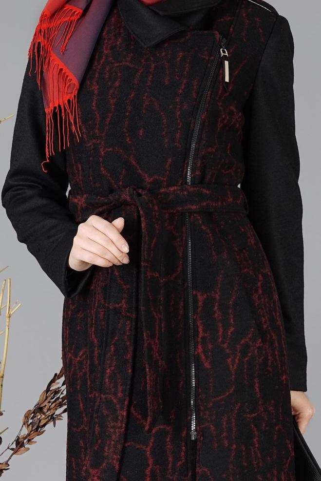 Tesettür giyim SİYAH YANDAN FERMUARLI DESENLİ KABAN 9495 - ALVİNA