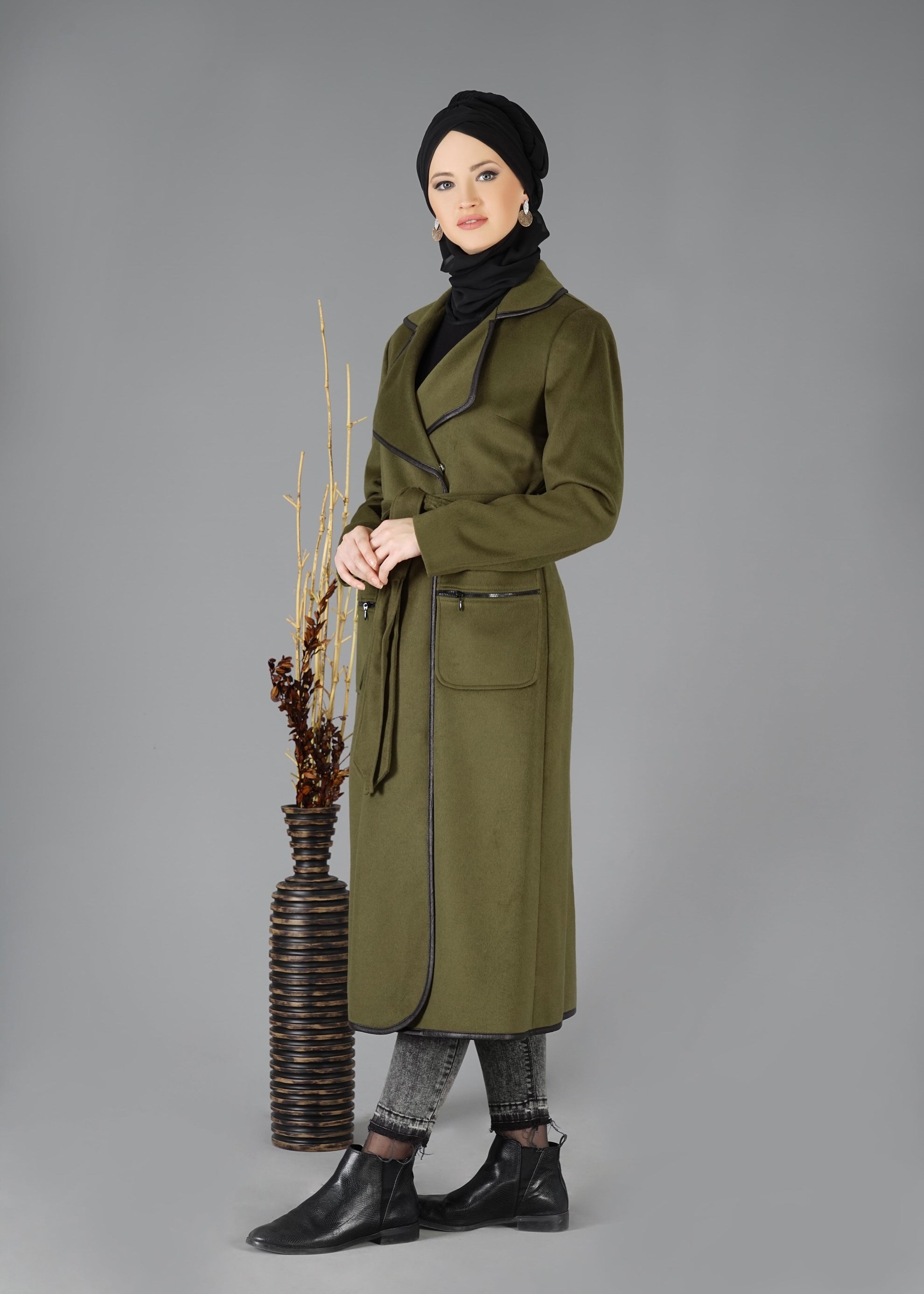 Tesettür giyim YEŞİL KRUVAZE YAKA KUŞAKLI KABAN 9503